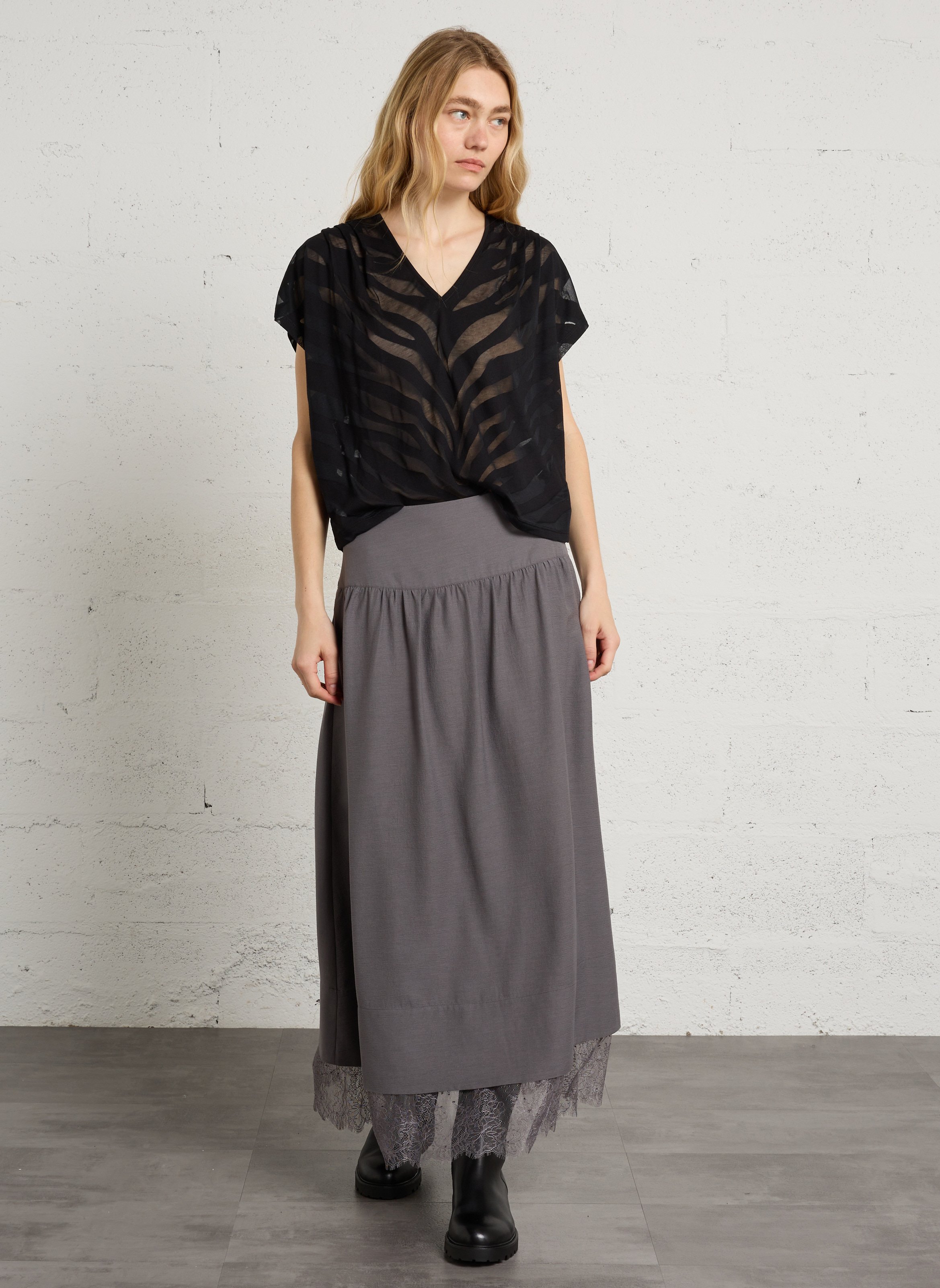 Long flared skirt with lace hem IKKS Grey