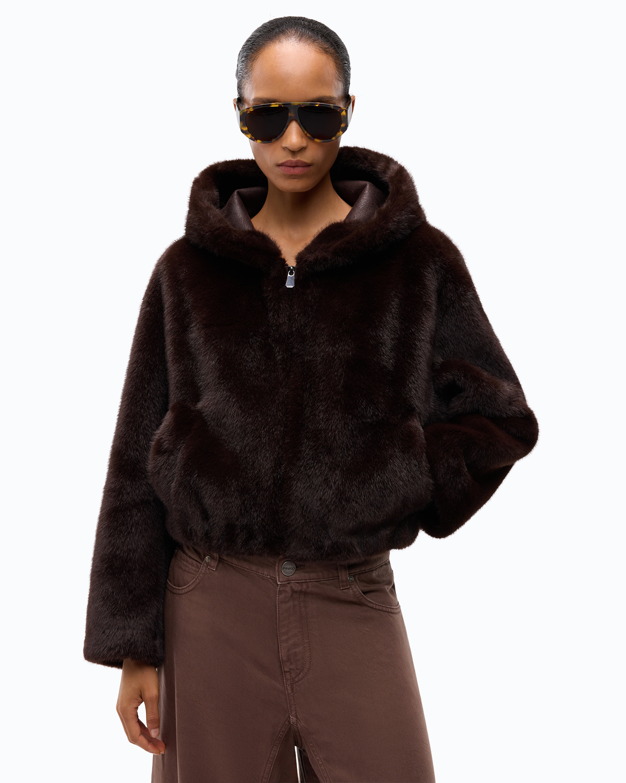 Cropped faux fur jacket | Brown PINKO Women