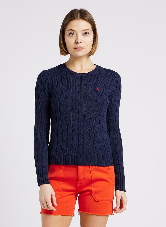 Blue Round-neck embroidered cotton sweater