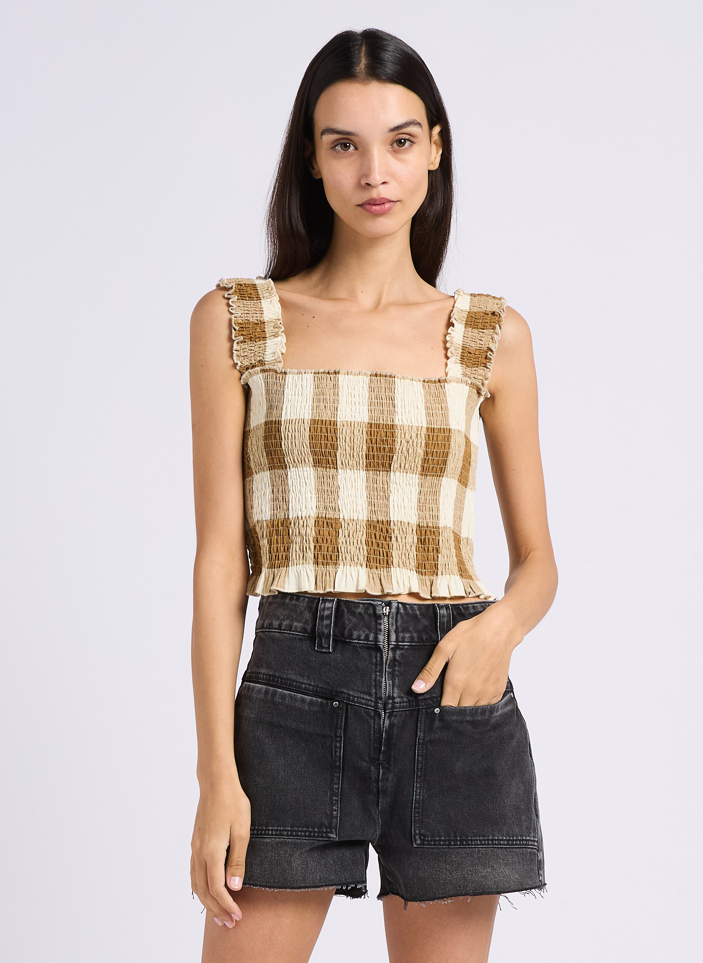 Top court en coton froncé mélangé RITA ROW Marron