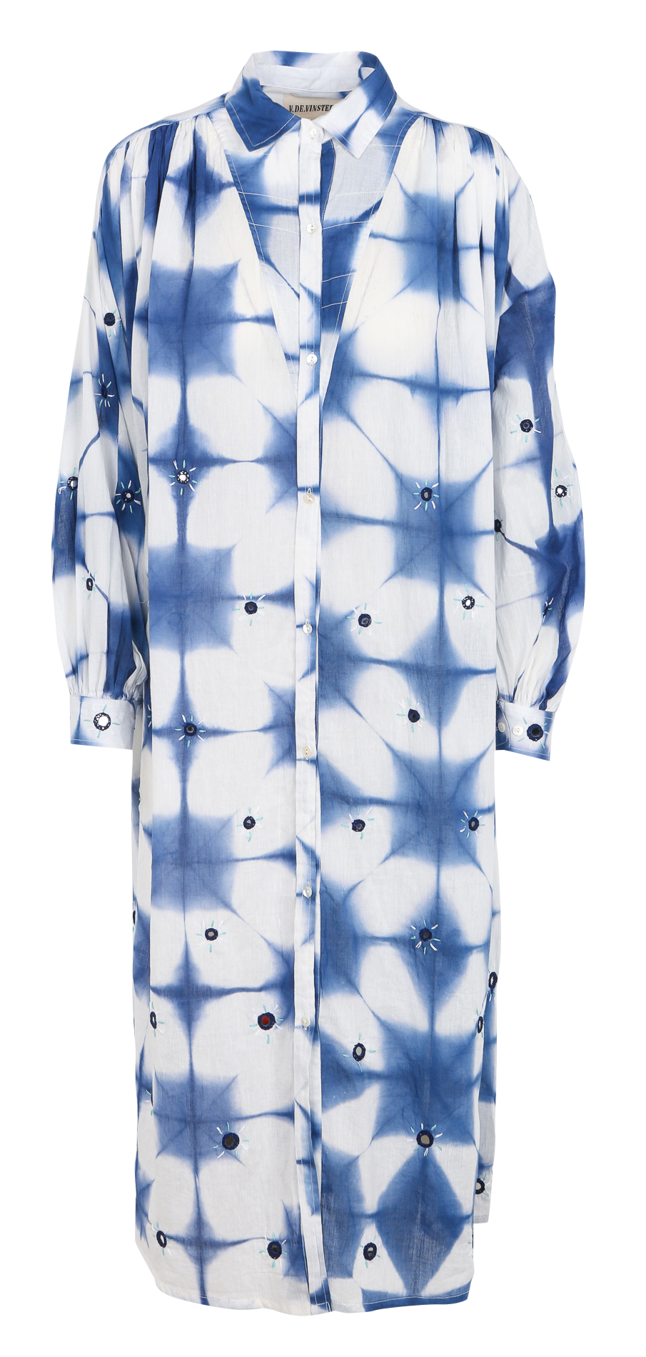 Midi shirt collar tie and dye cotton dress V DE VINSTER Blue