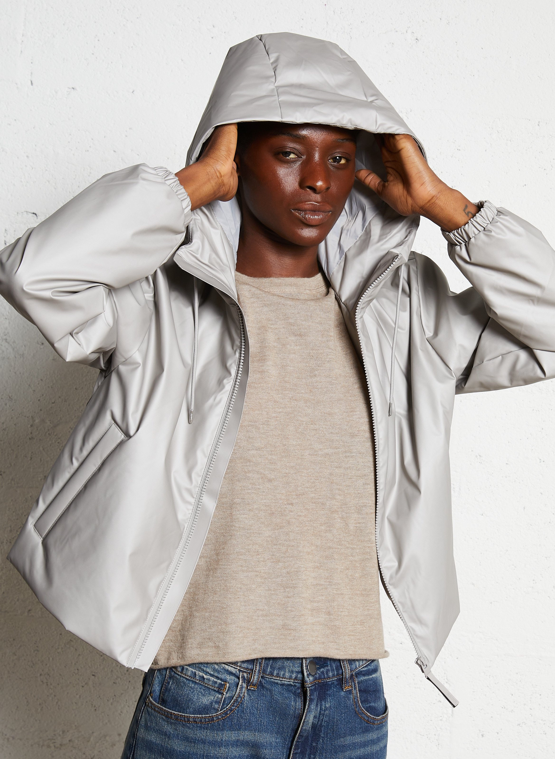 Imperméable droit col montant à capuche RAINS Gris