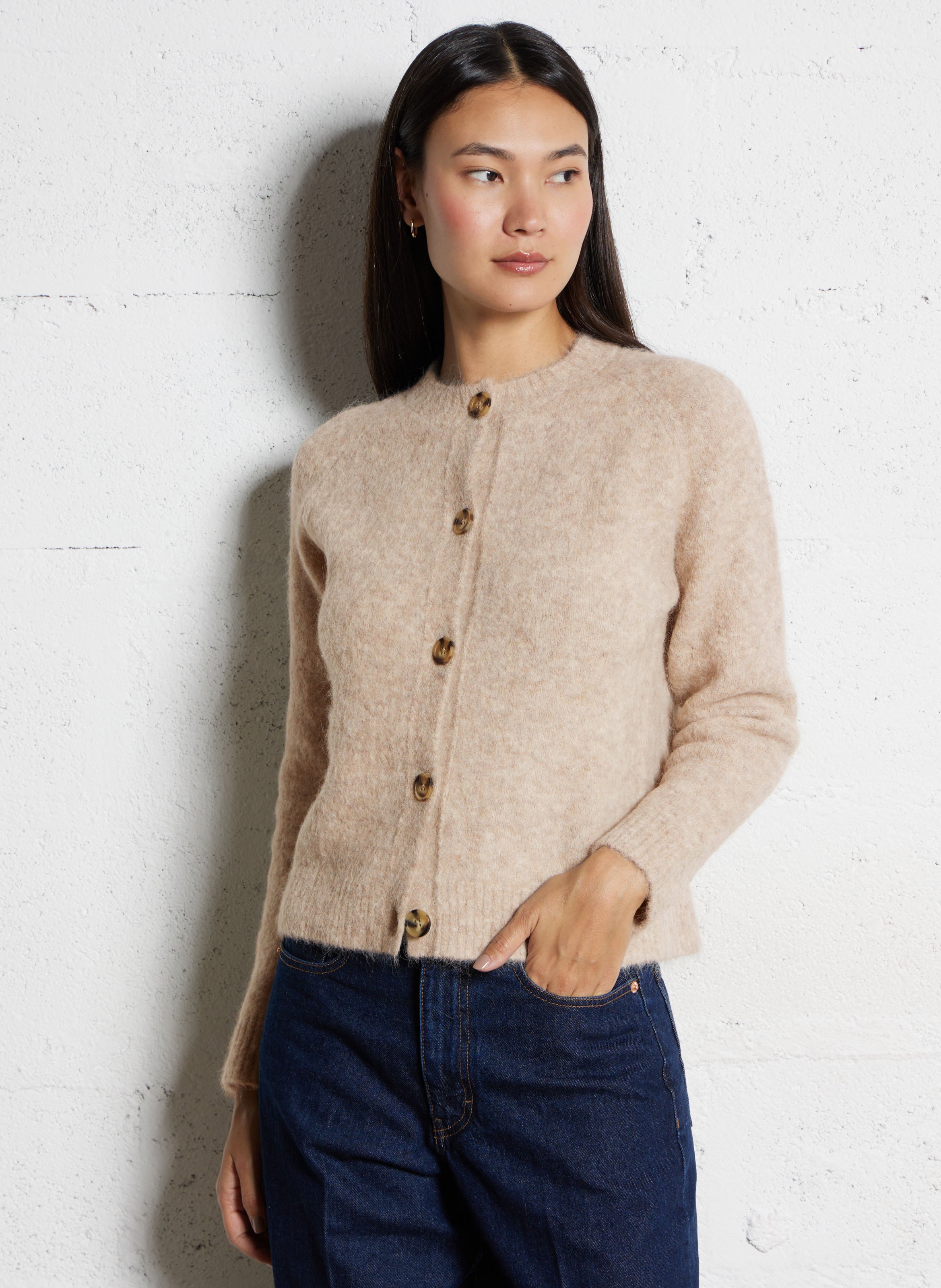 Gilet droit col rond en laine de yack mélangée HARTFORD Beige