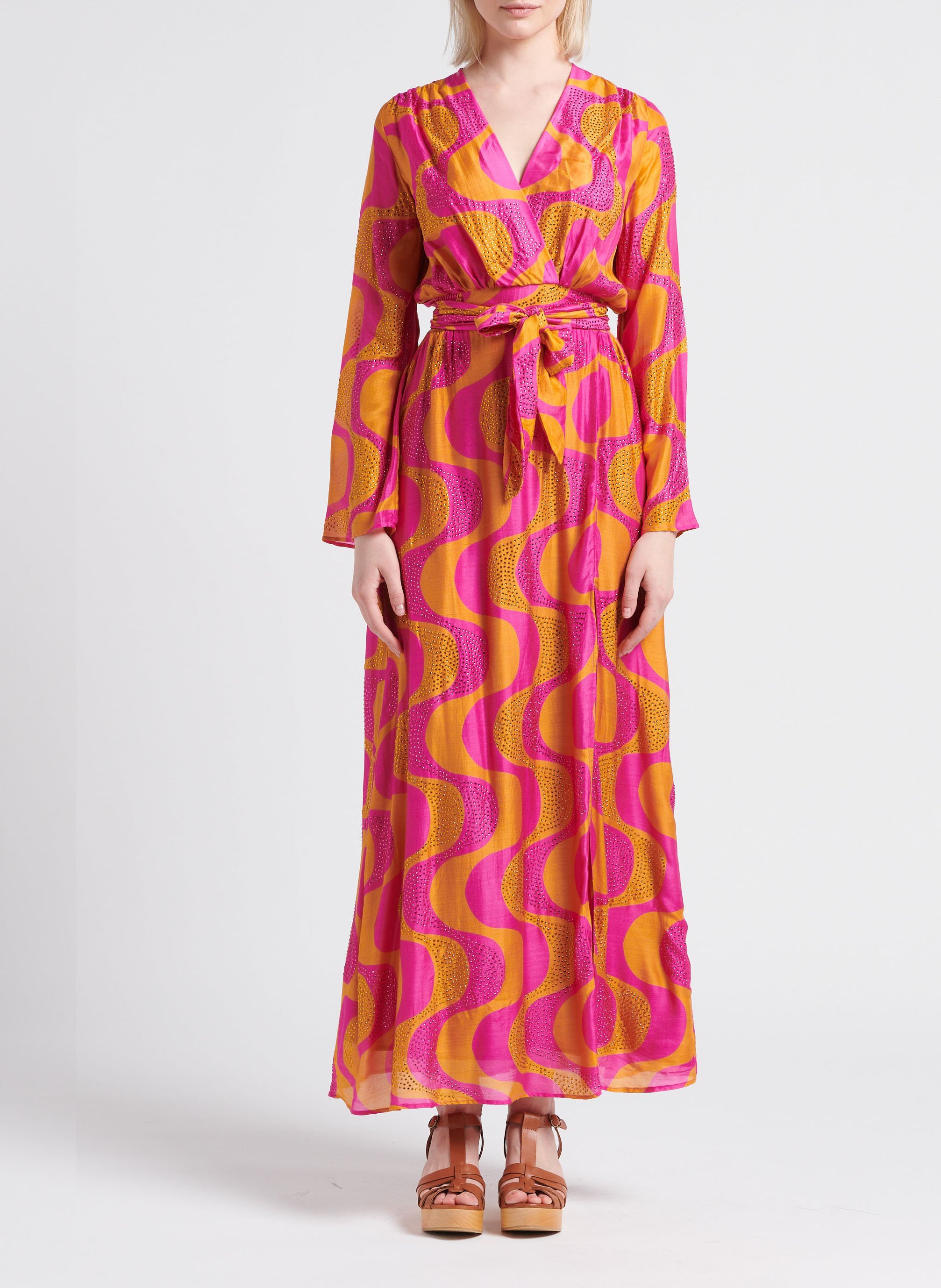 Lange jurk met V-hals en strass SUNDRESS Oranje