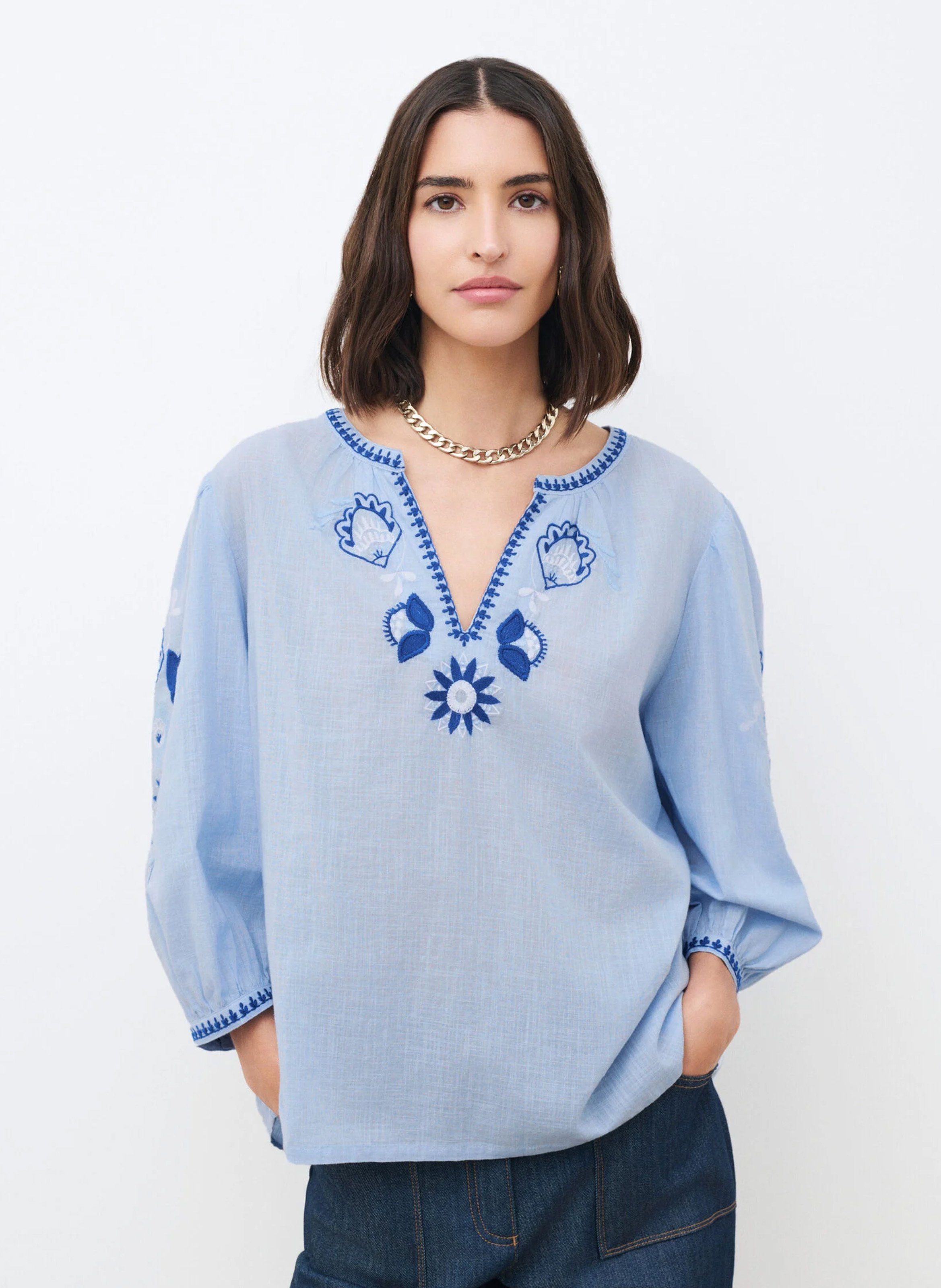 Loose-fit cotton henley blouse CAROLL