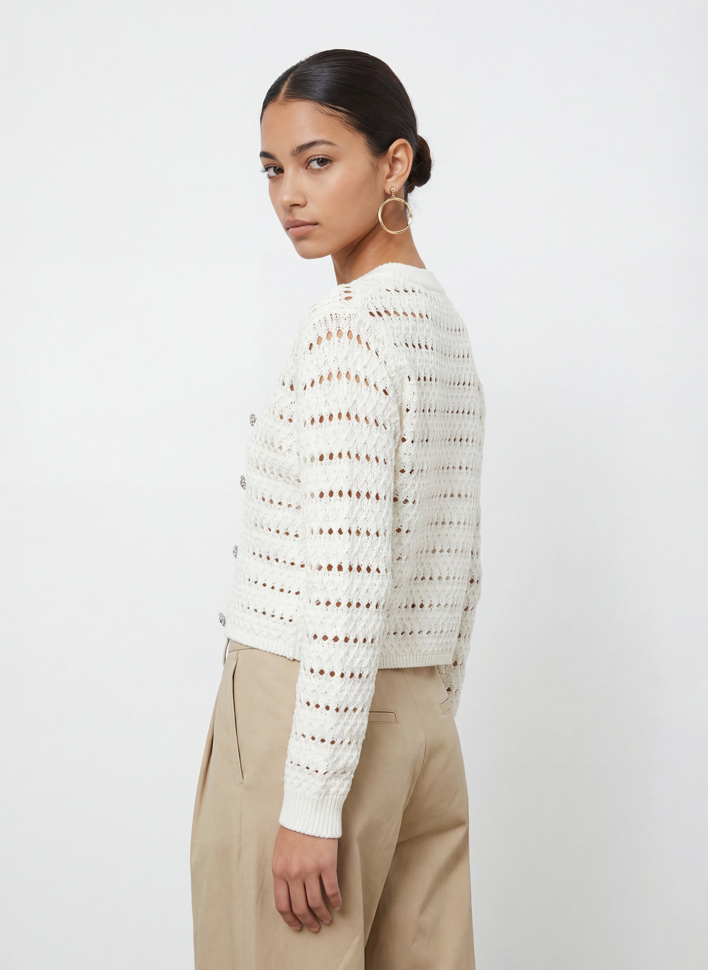 Round-neck fancy knit cardigan KOOKAI White