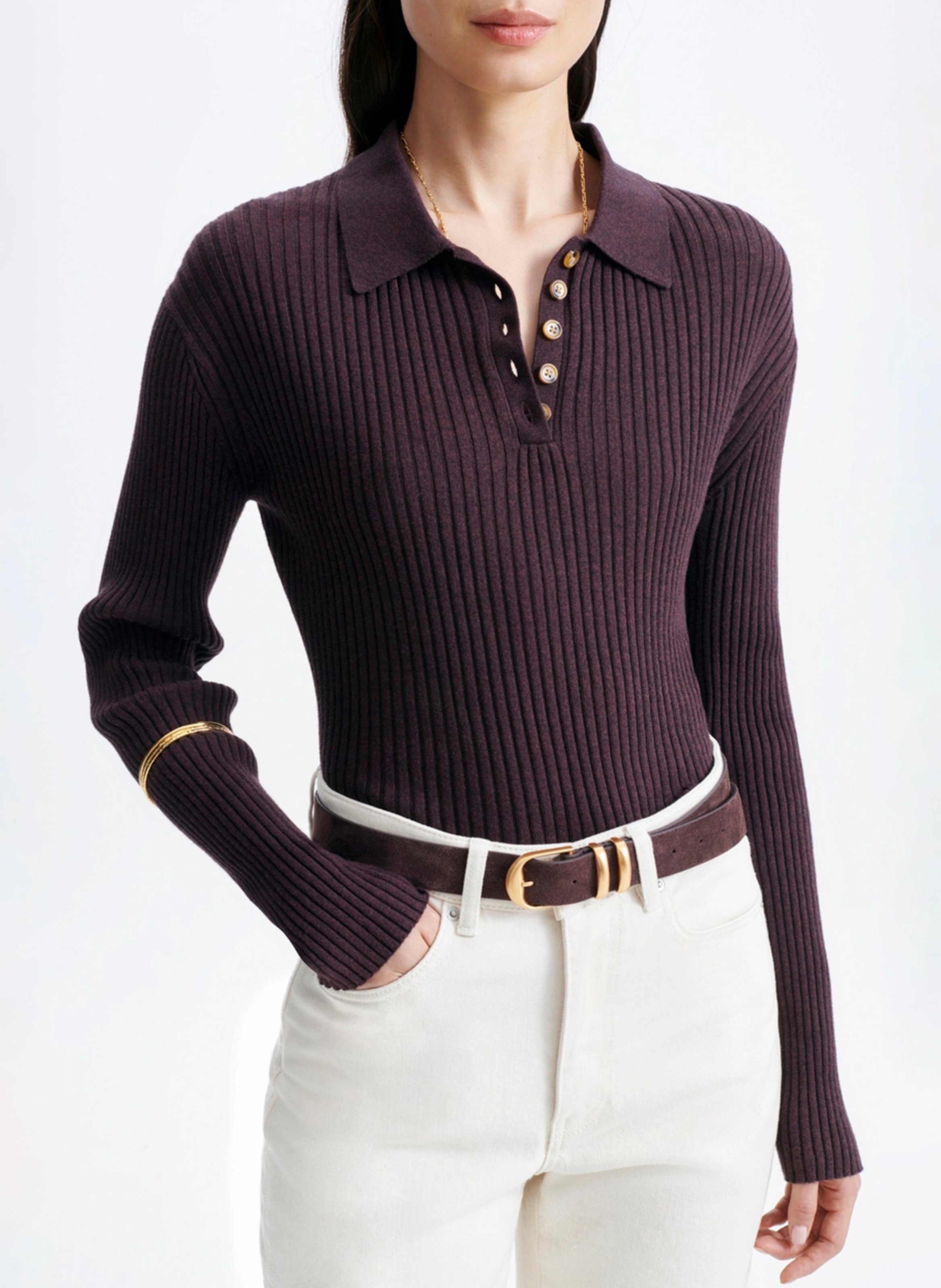 Fitted ribbed knit polo shirt VANESSA BRUNO Brown