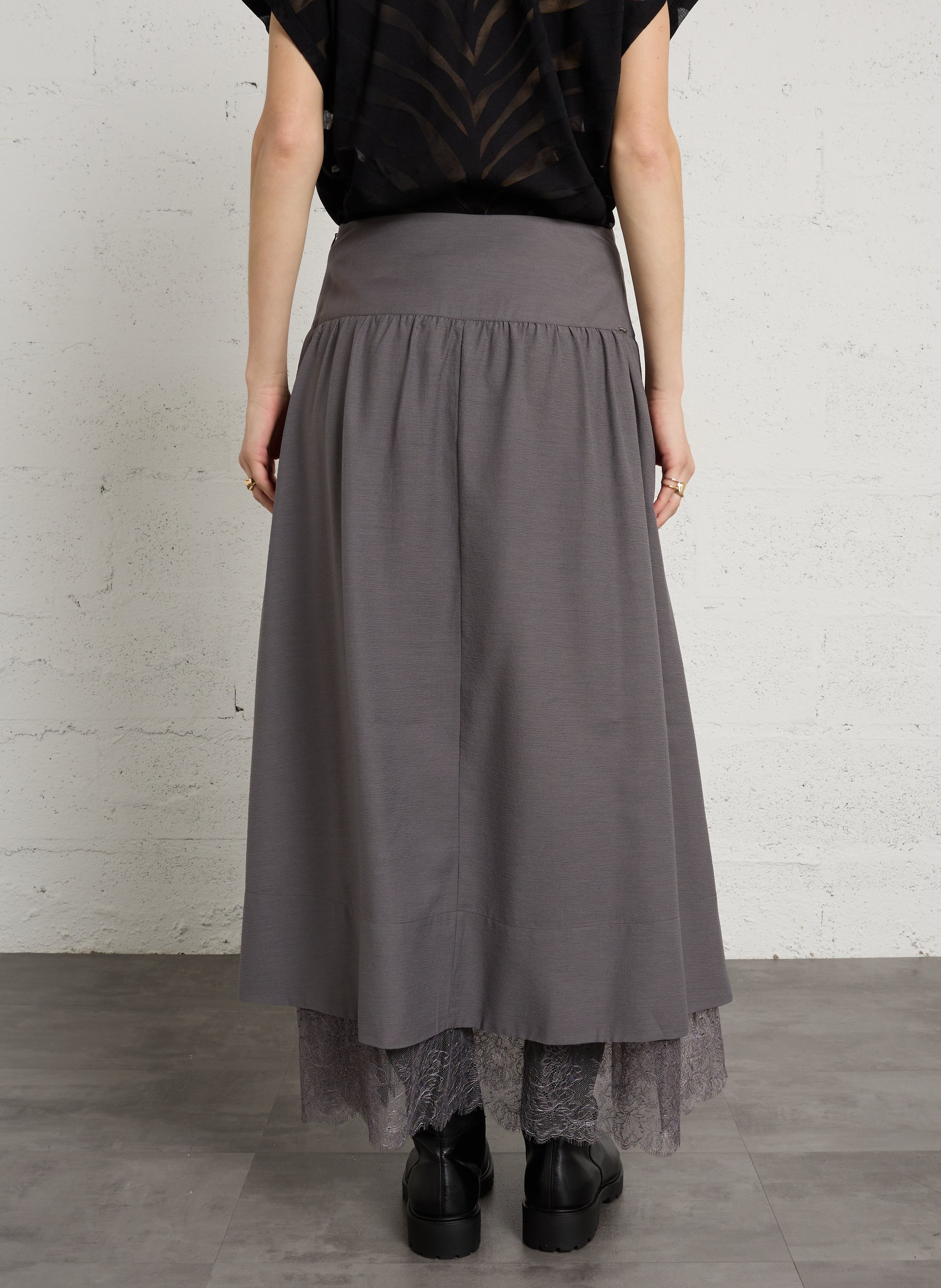 Long flared skirt with lace hem IKKS Grey