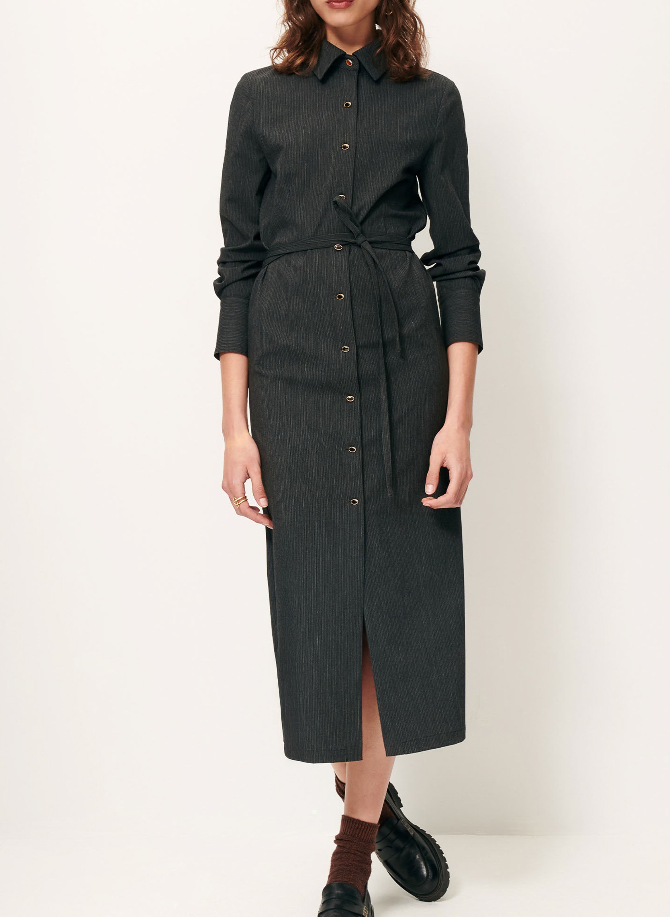 Fitted midi dress with fine stripes SESSUN Grey