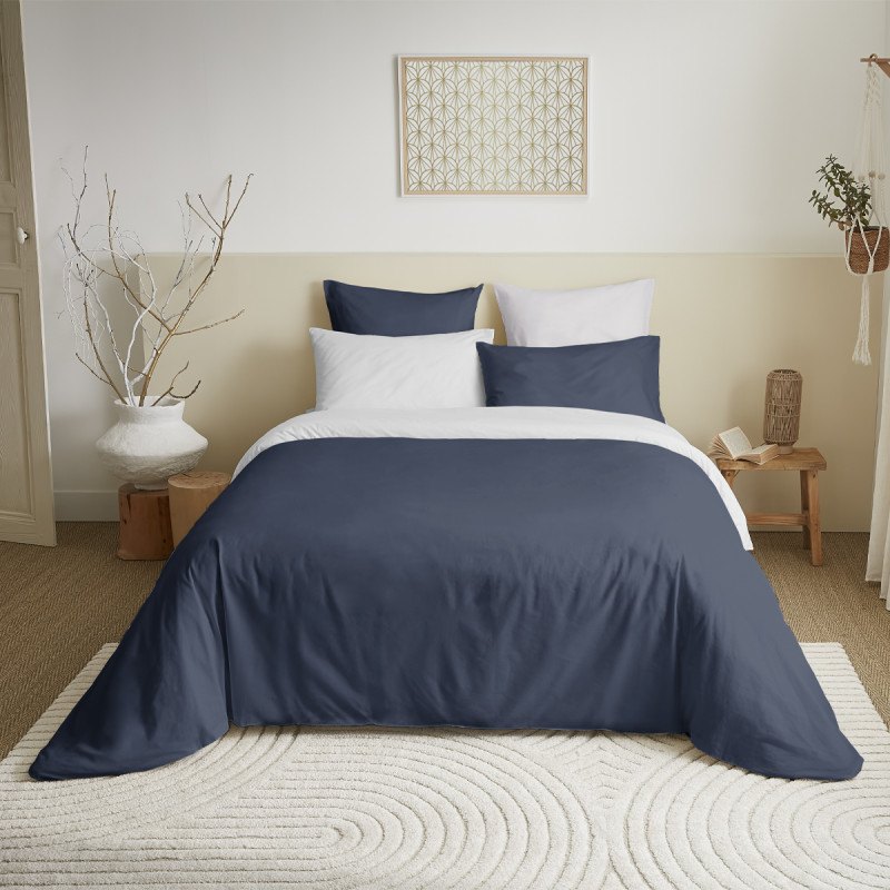 Complete set 6 pieces navy/white reversible duvet cover for bed 180 x 200 cm "king size" COTON PUR White