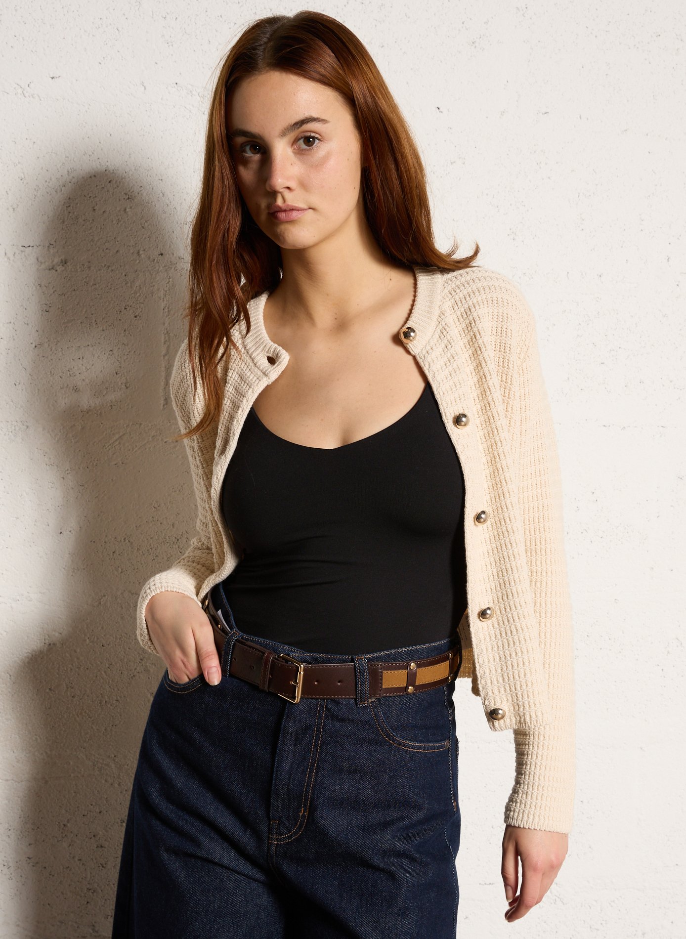 Gilet droit col rond en coton mélangé Beige