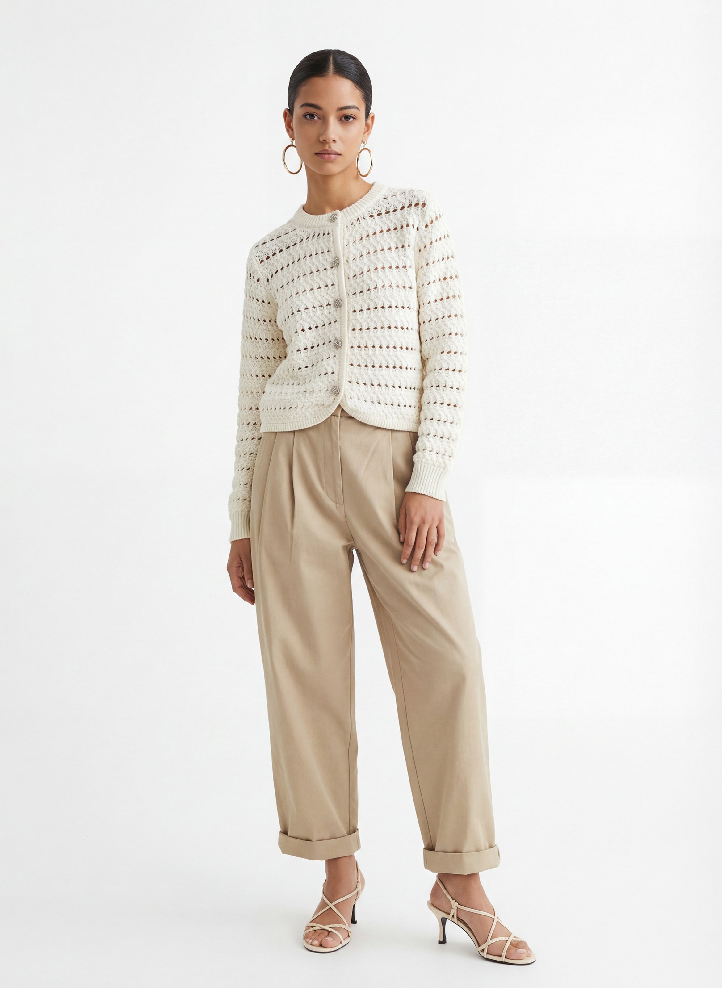 Round-neck fancy knit cardigan KOOKAI White