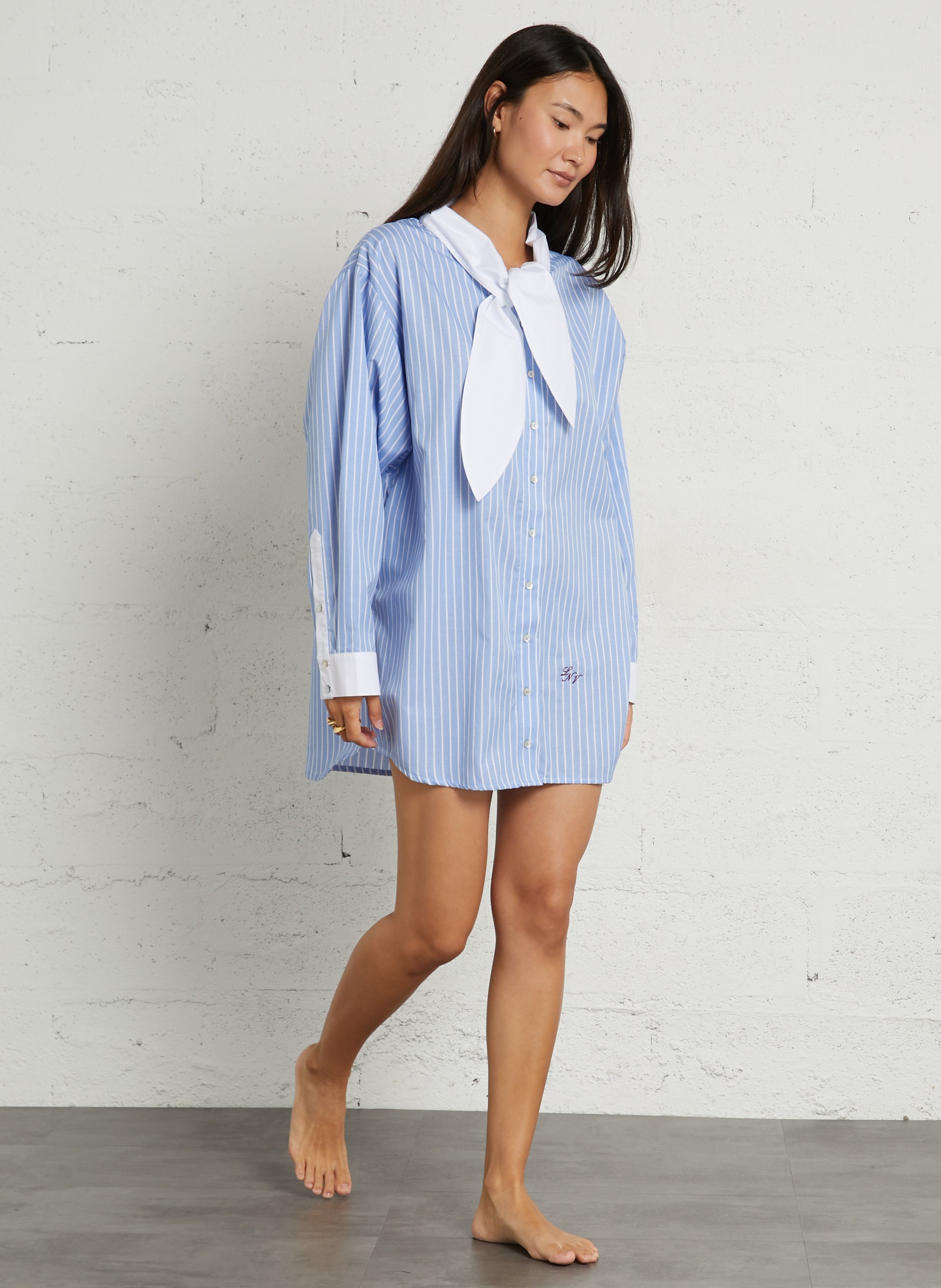 Short cotton-blend dress with classic collar LA NOUVELLE Blue