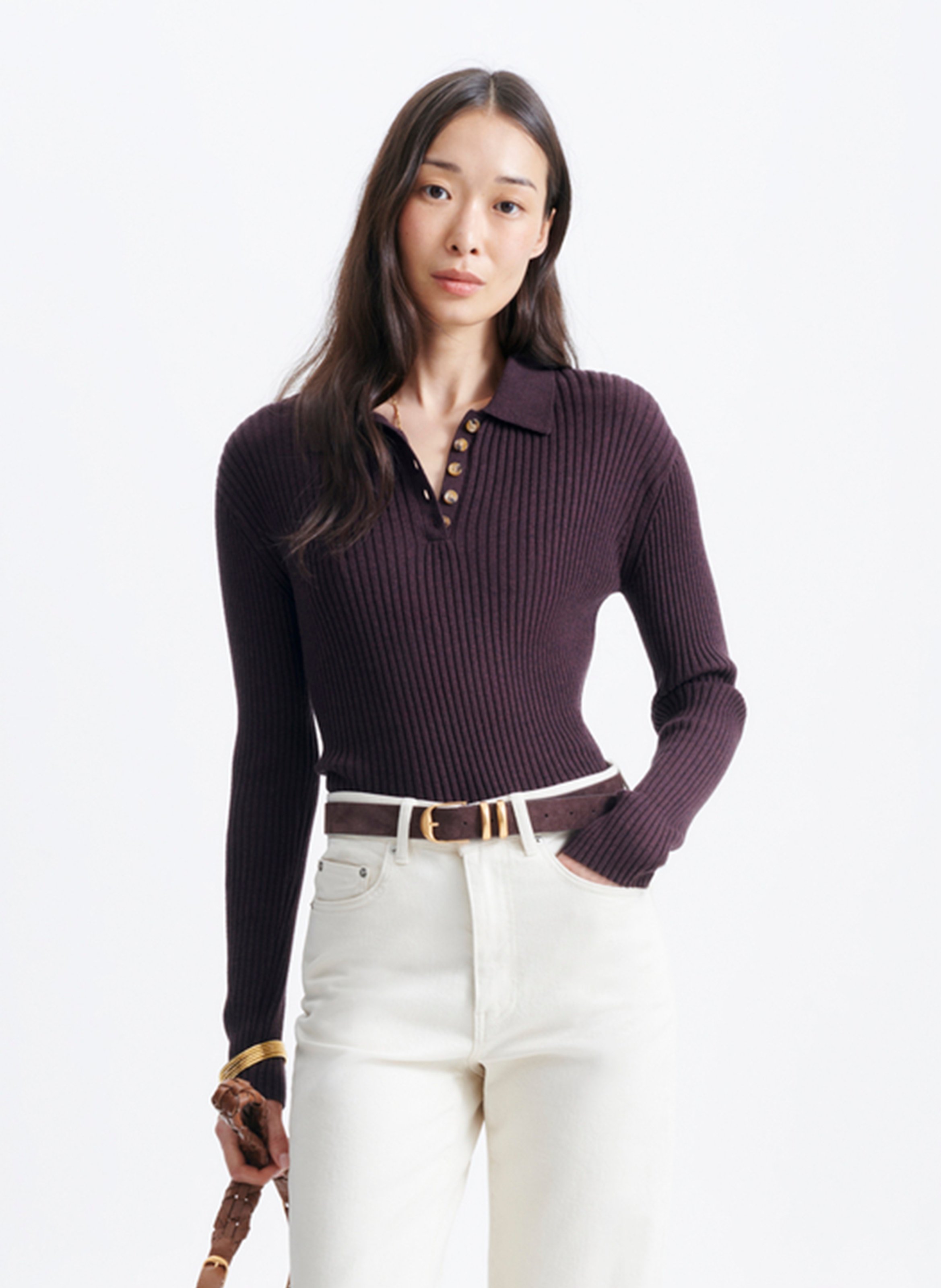 Fitted ribbed knit polo shirt VANESSA BRUNO Brown