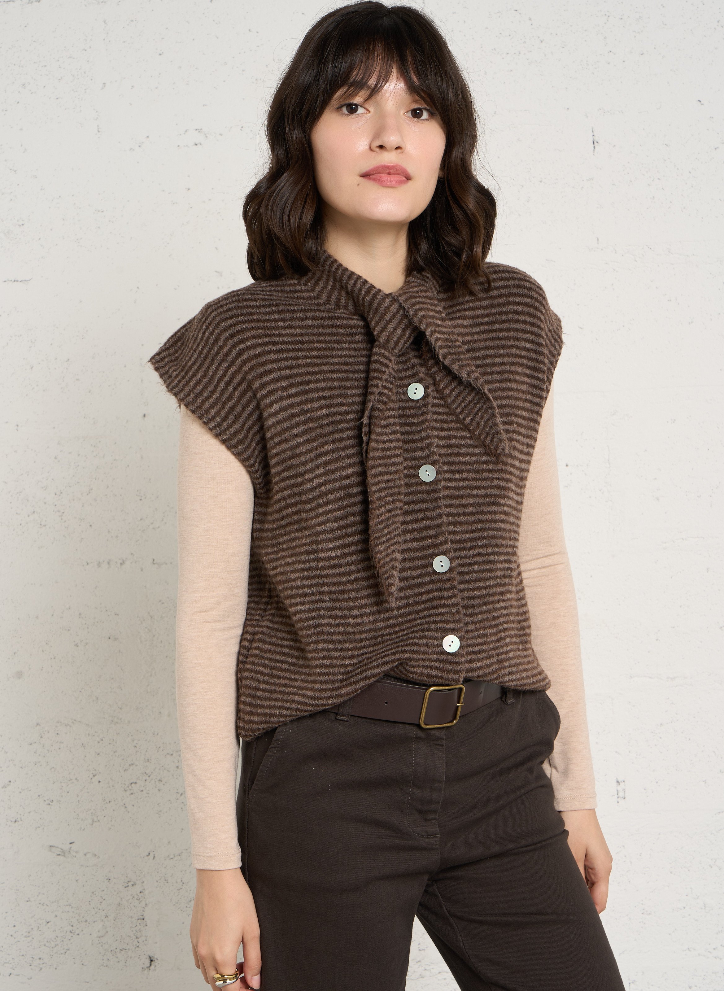 Striped sleeveless tie-neck cardigan PLEASE