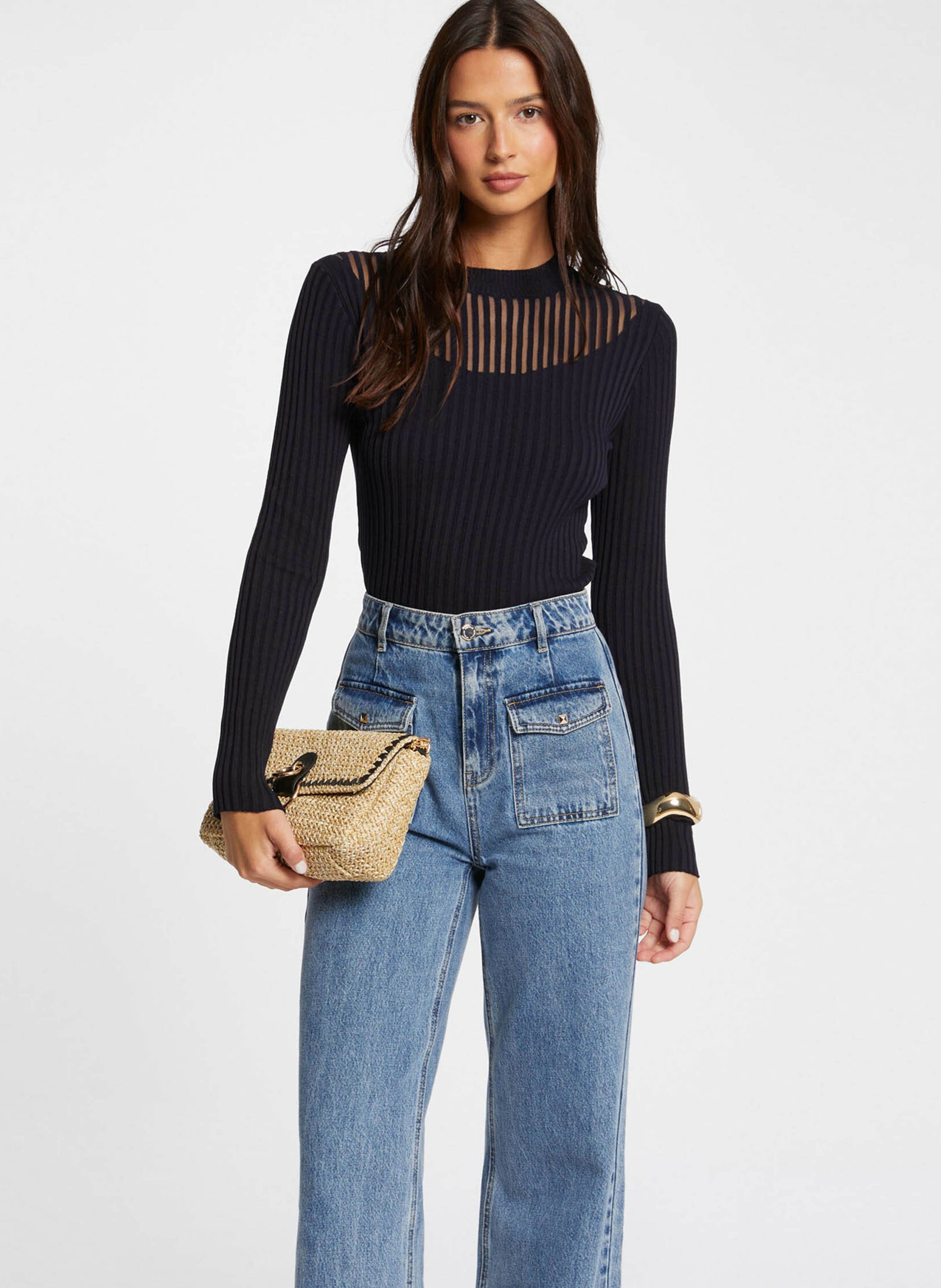 Pull col montant ajusté en maille côtelée MORGAN Bleu