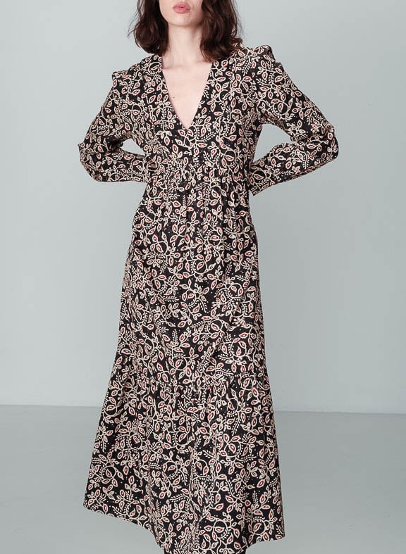 Robe longue décolleté V imprimée GRACE ET MILA Noir