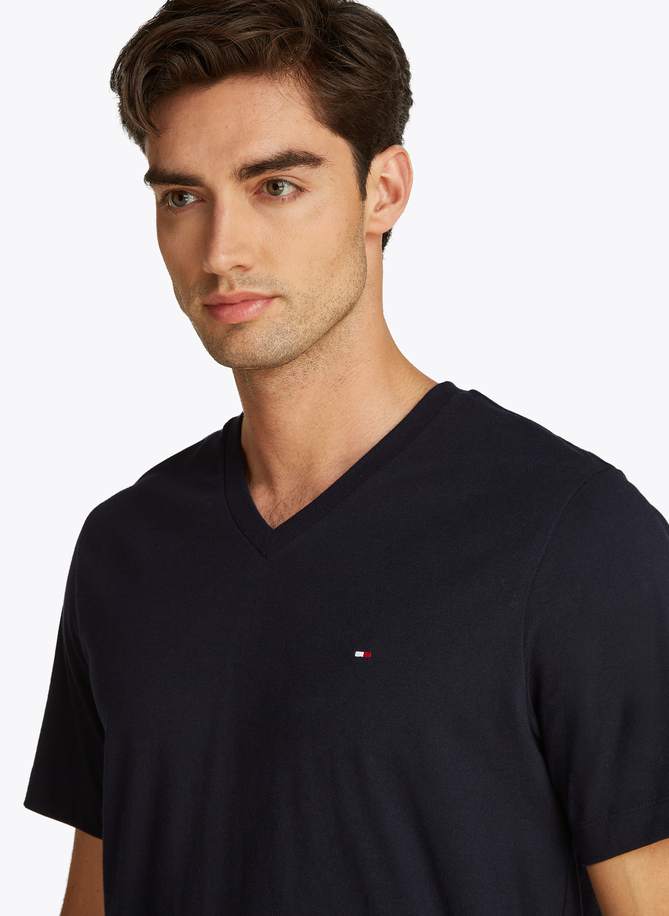 Tee-shirt col v uni en coton TOMMY HILFIGER Bleu