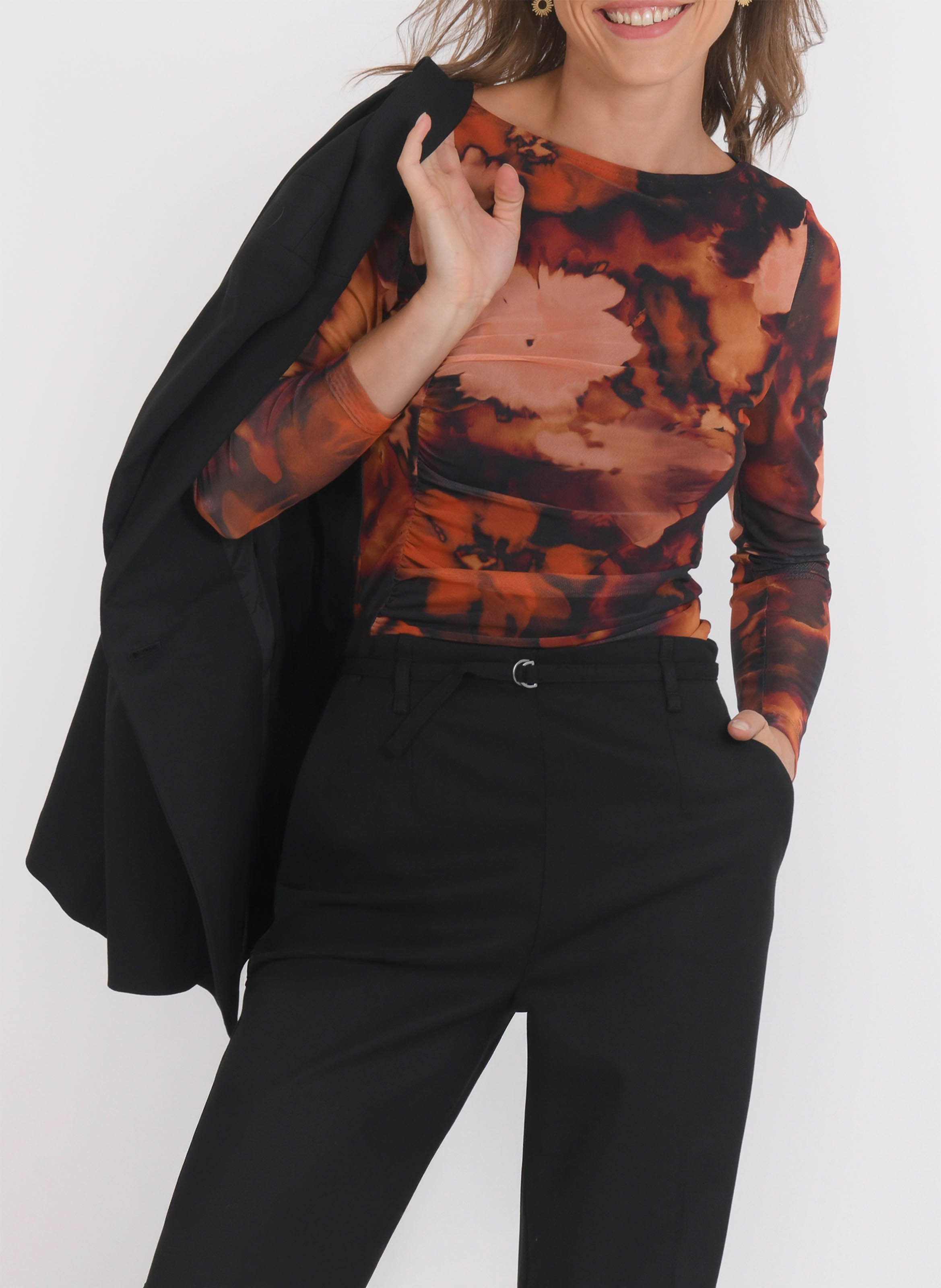 Straight printed round-neck top KOOKAI Brown