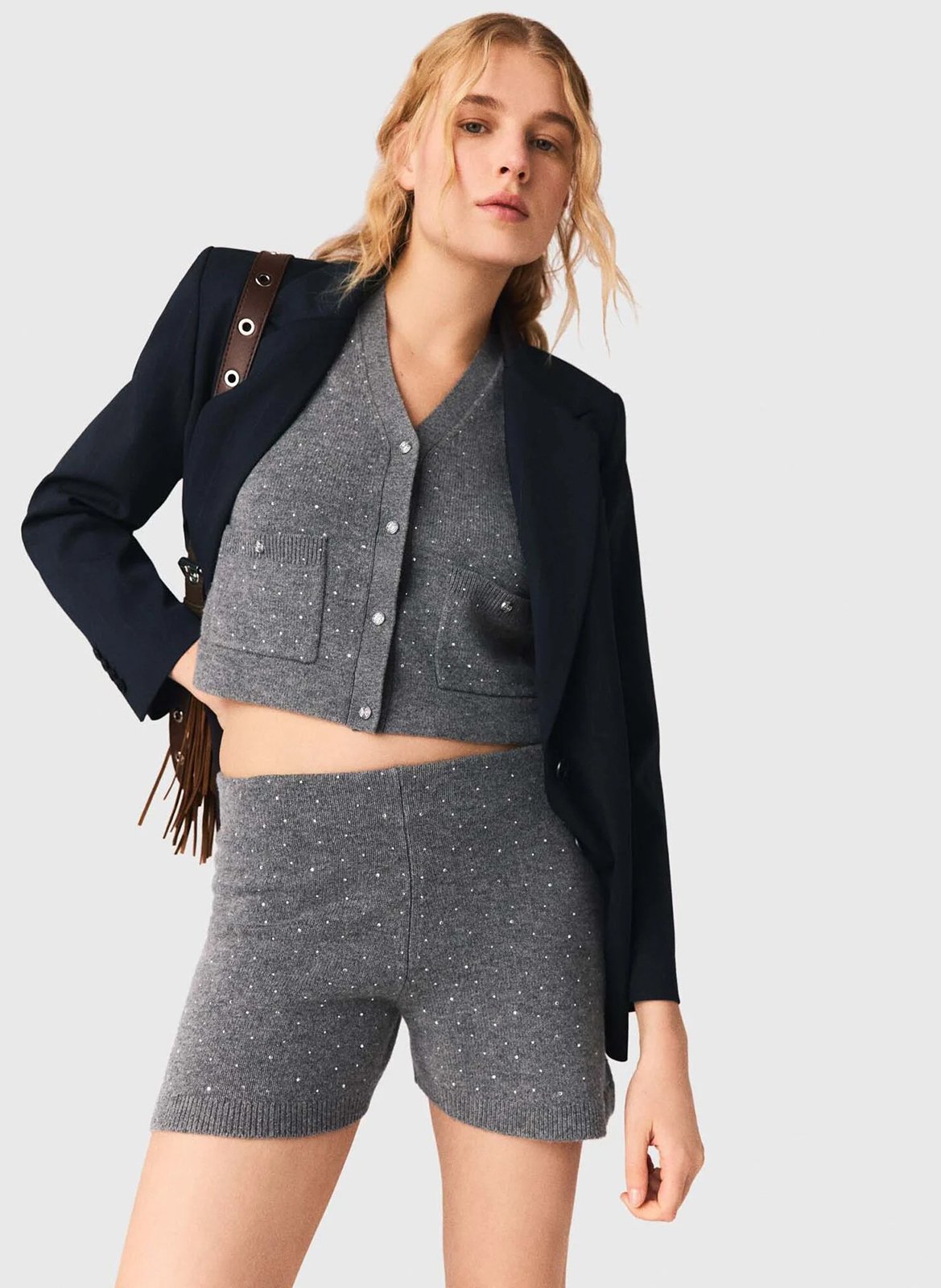 Short en maille à strass MAJE Gris