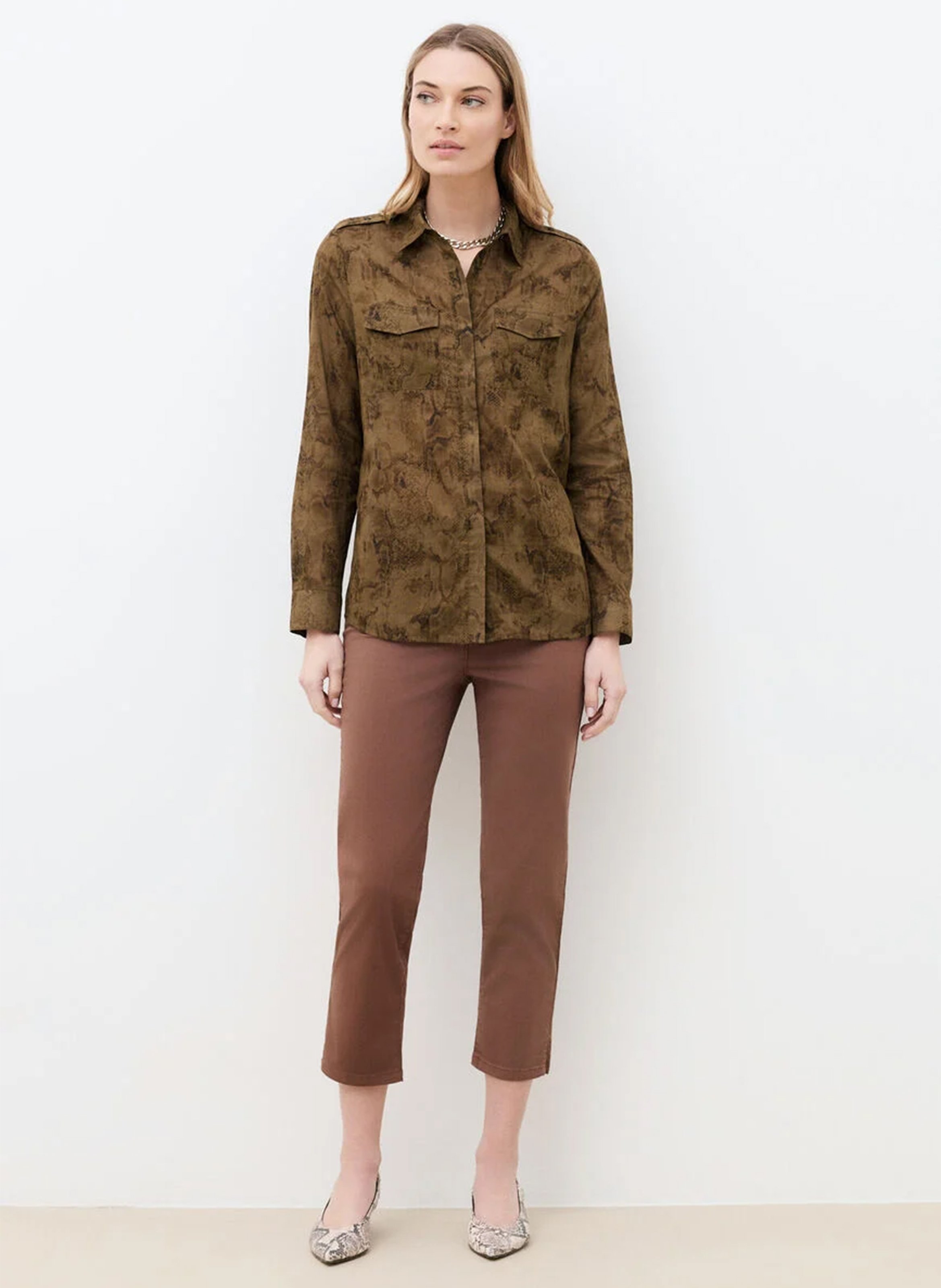 Chemise droite col classique en coton bio imprimé CAROLL Marron