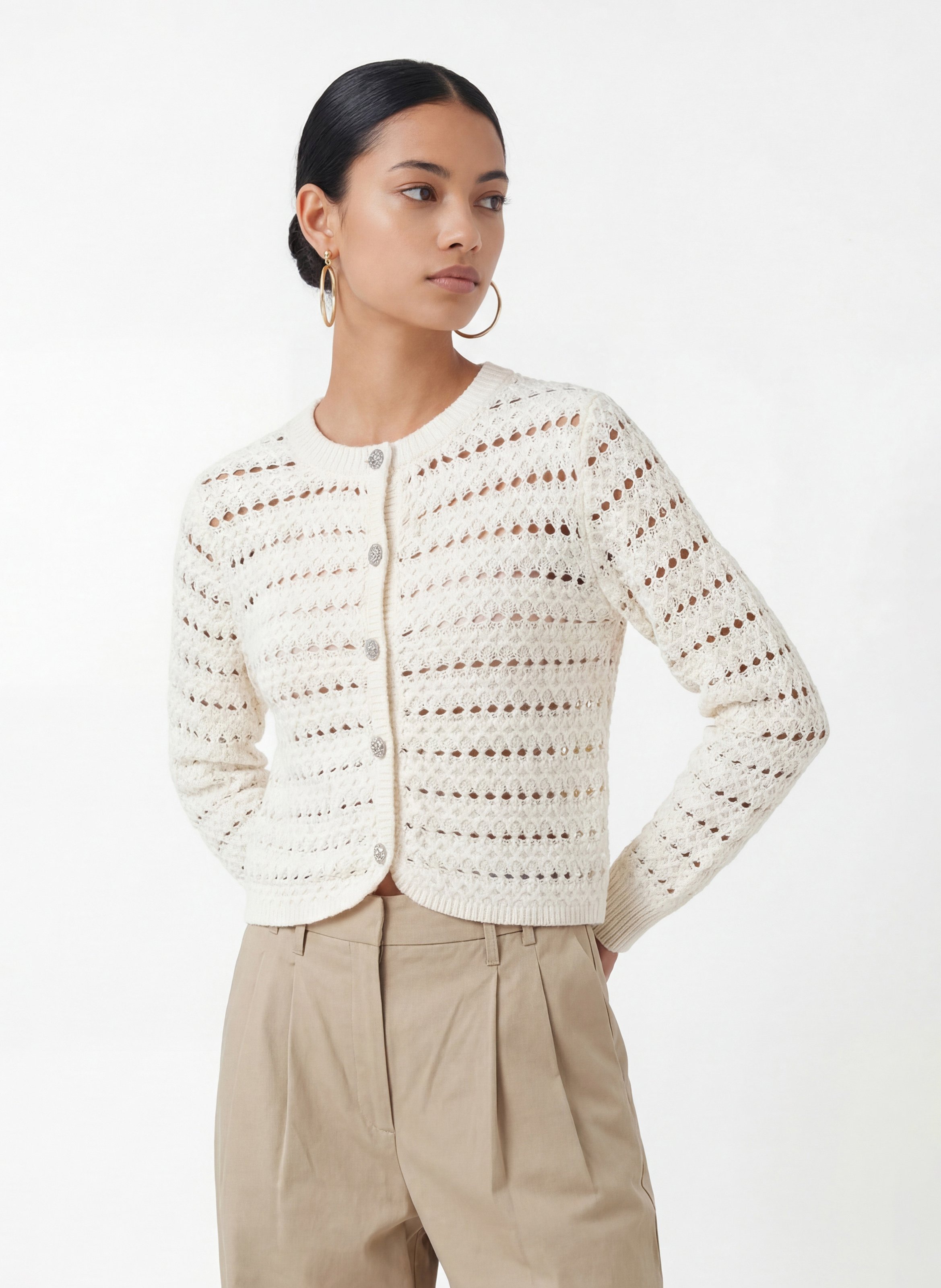 Round-neck fancy knit cardigan KOOKAI White