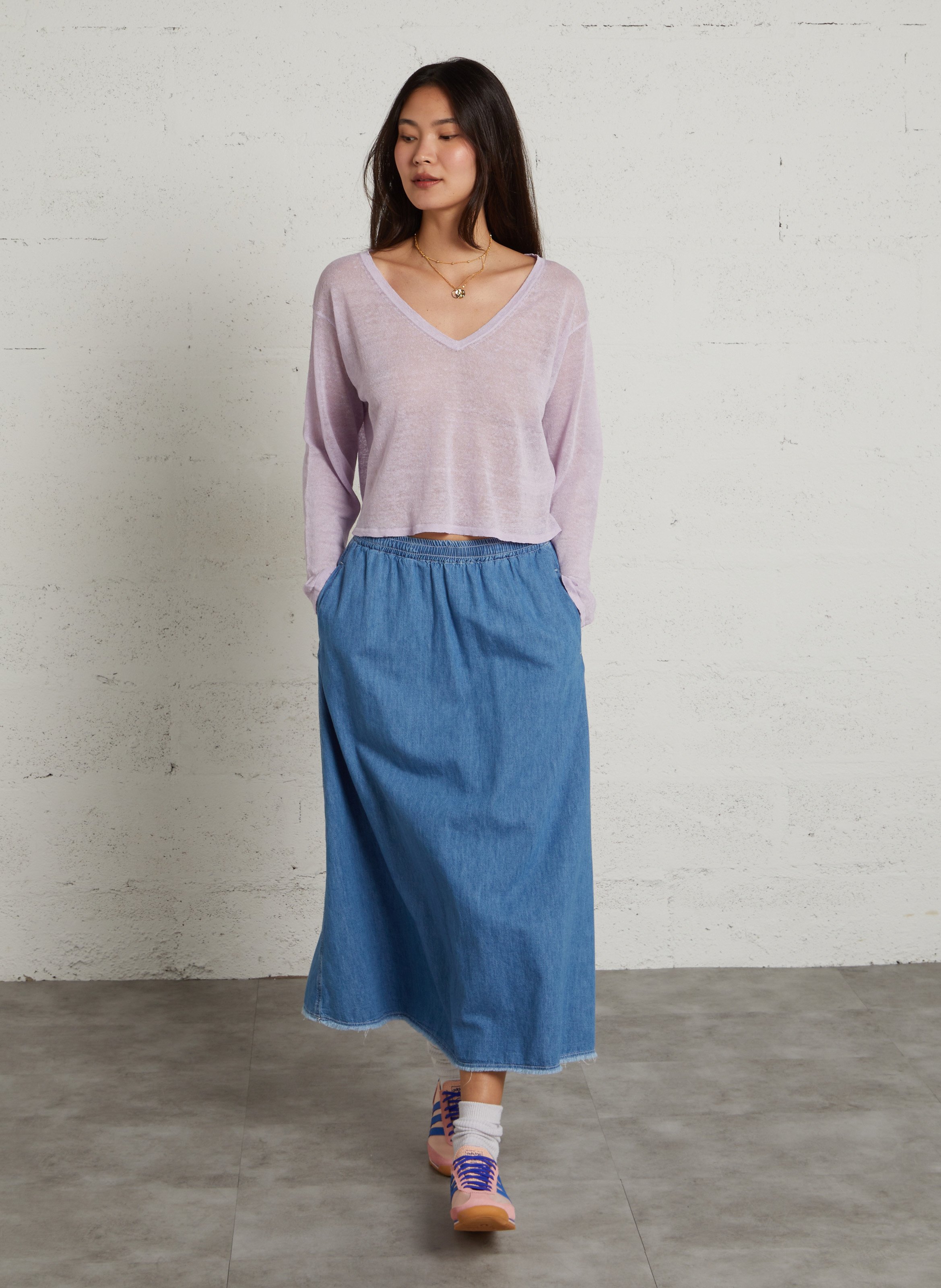 Jupe midi en coton AMERICAN VINTAGE Bleu