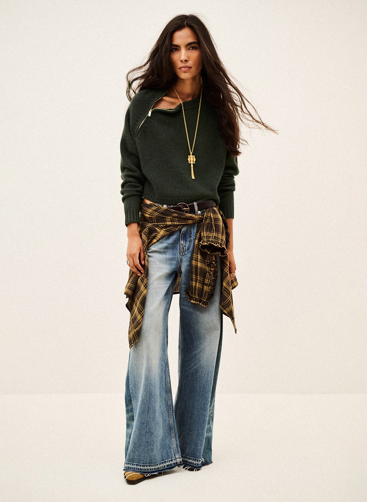 Round neck cashmere sweater with zip BA&SH Khaki