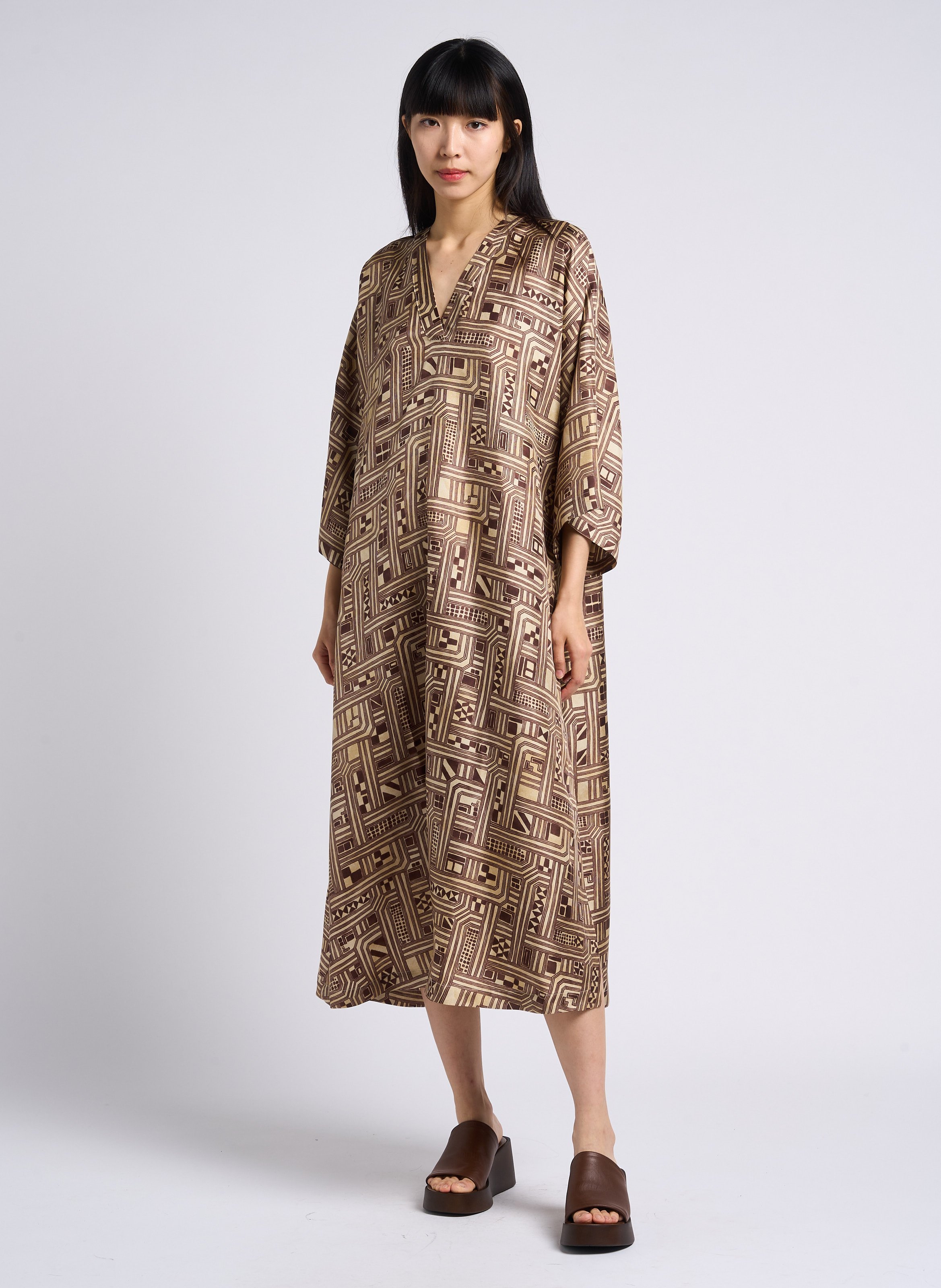 Printed silk V-neck midi dress MOMONI Beige