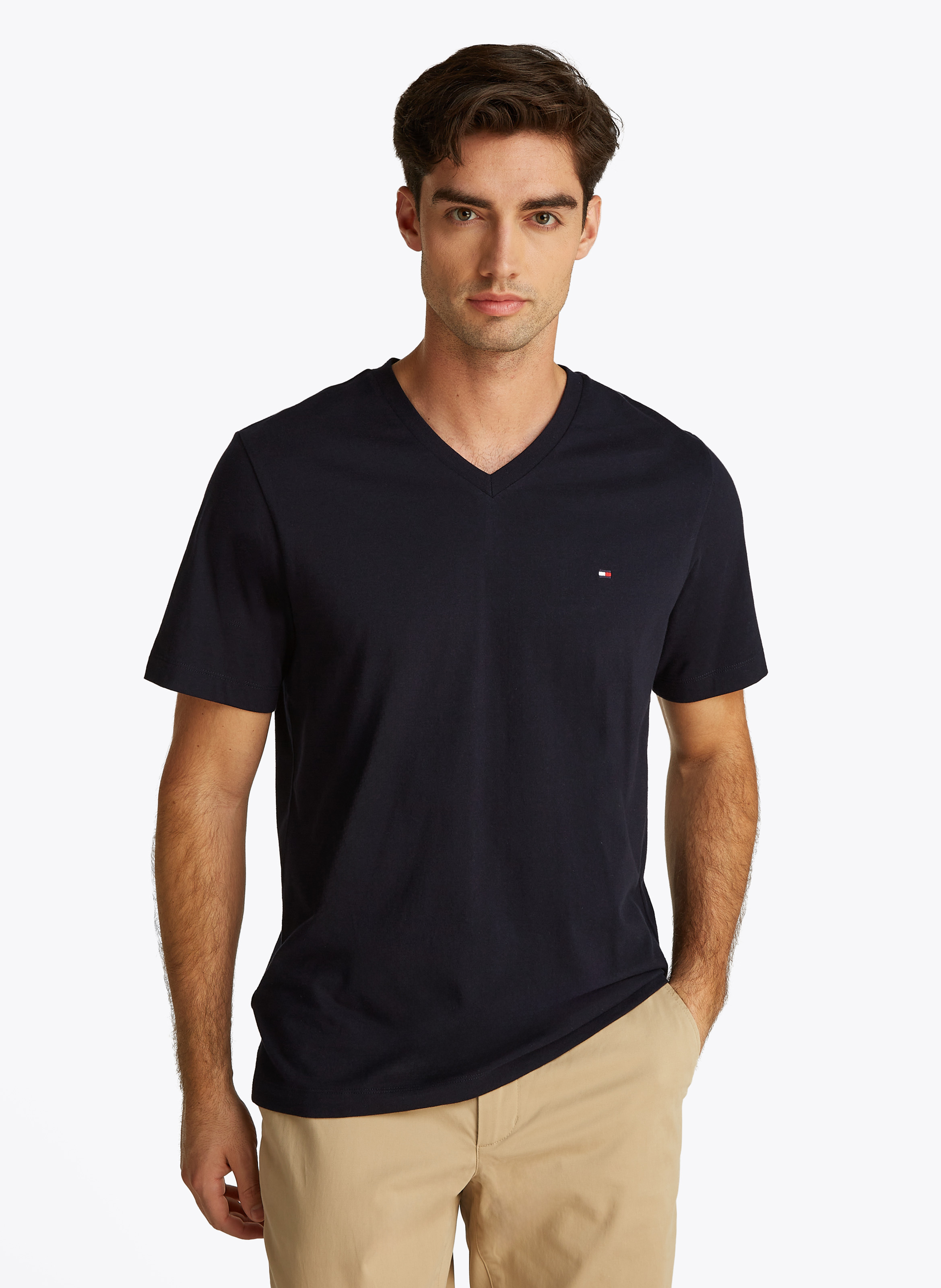 Tee-shirt col v uni en coton TOMMY HILFIGER Bleu