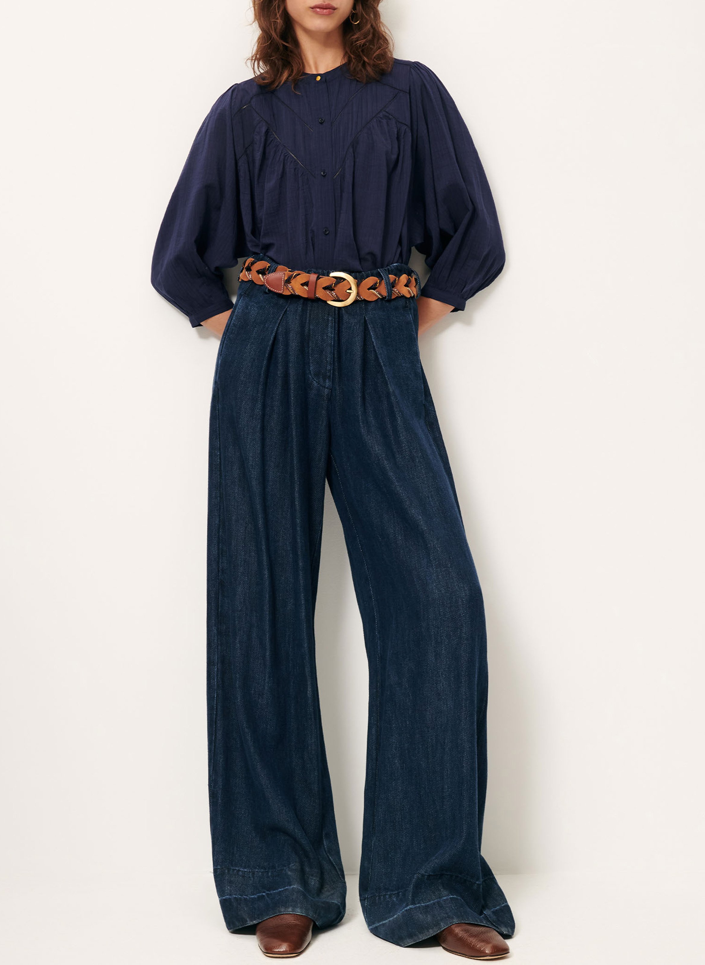 Loose-fit cotton-blend shirt with mandarin collar SESSUN Blue