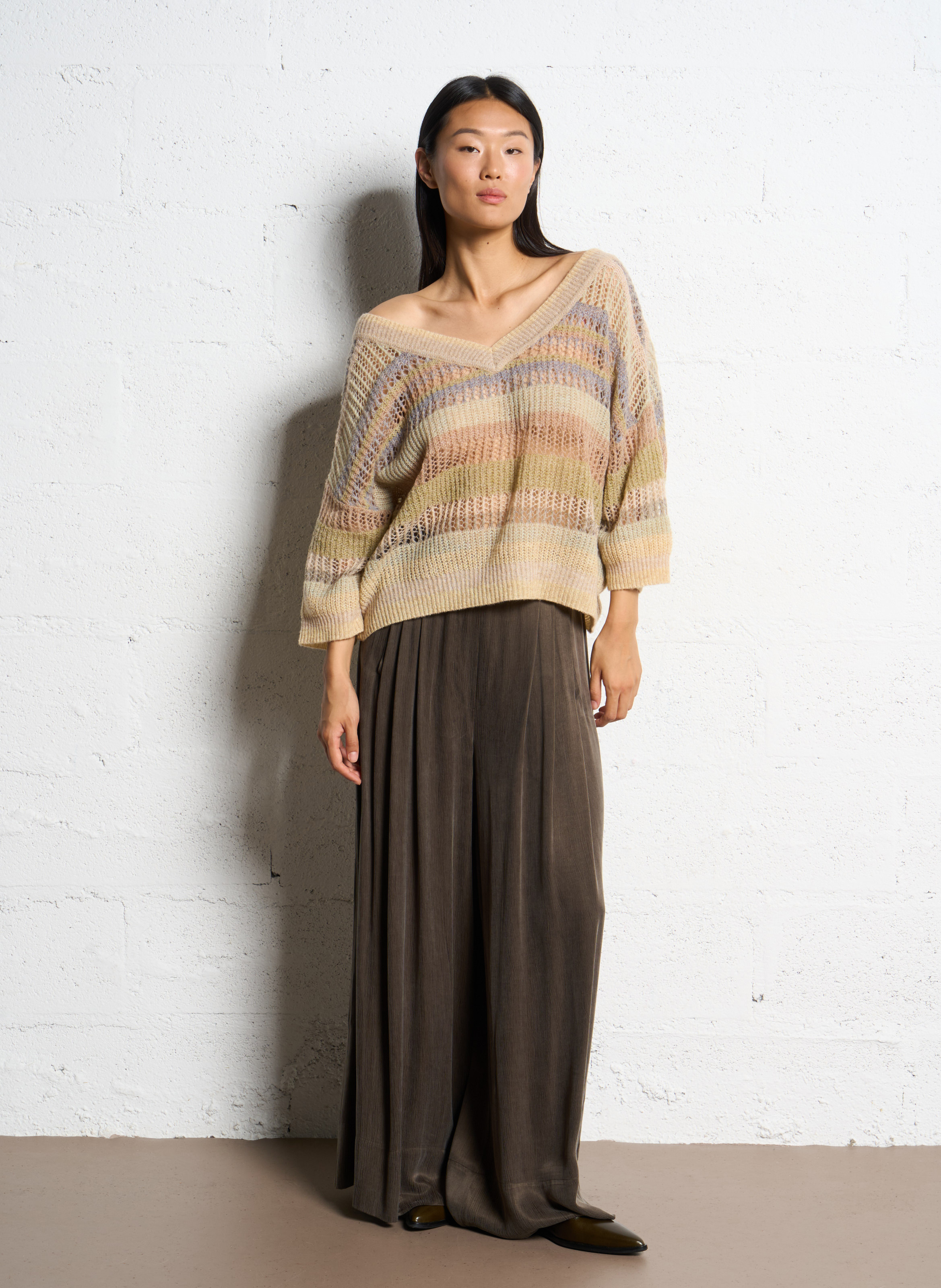 Pull rayé ample en maille ajourée MES DEMOISELLES Beige