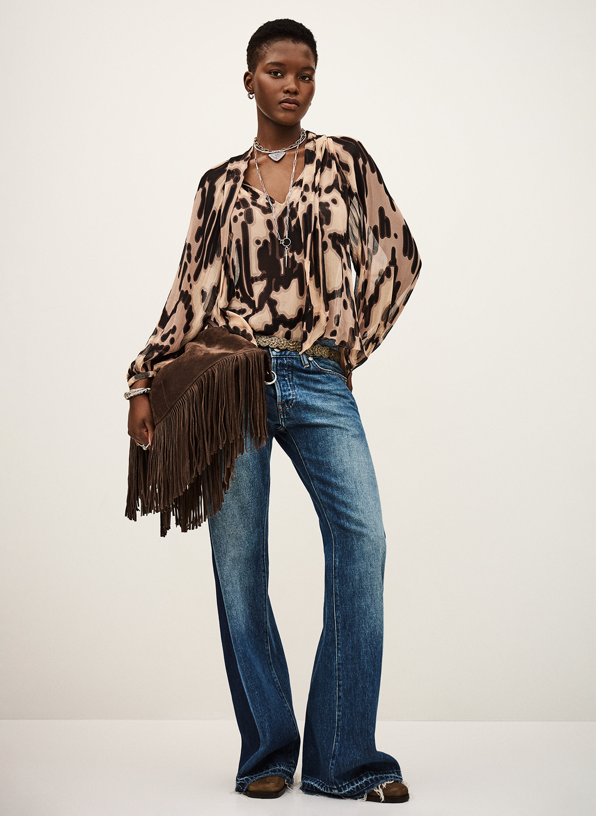 Printed lavallière V-neck blouse BA&amp;SH Pink