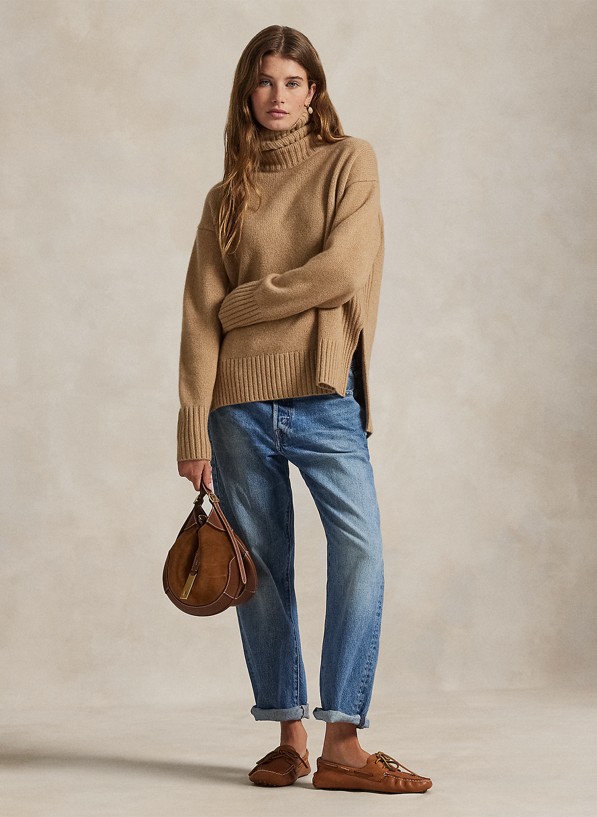 Pull oversize col roulé en laine et cachemire POLO RALPH LAUREN Beige