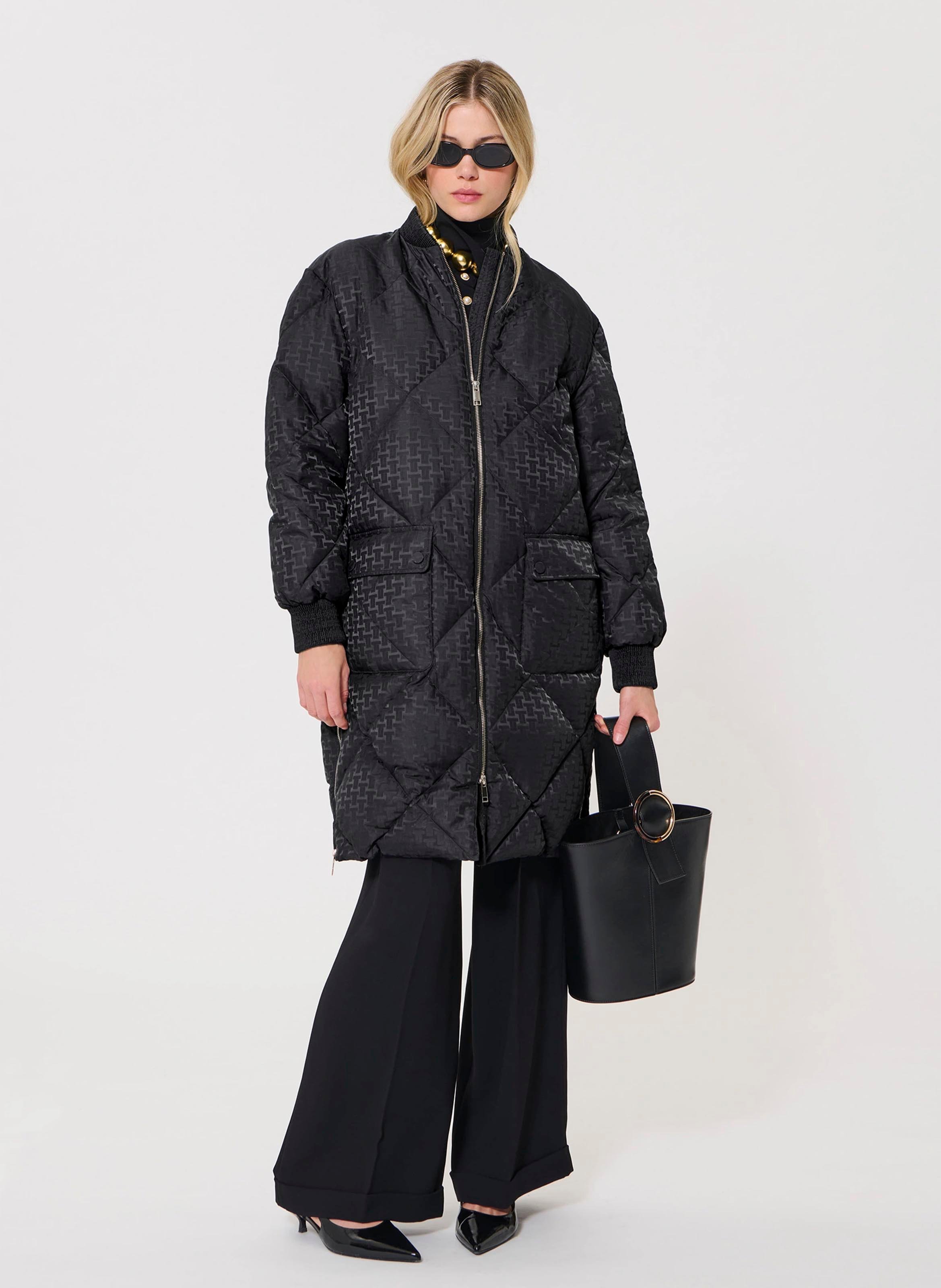 Straight padded jacket in printed jacquard TARA JARMON Black