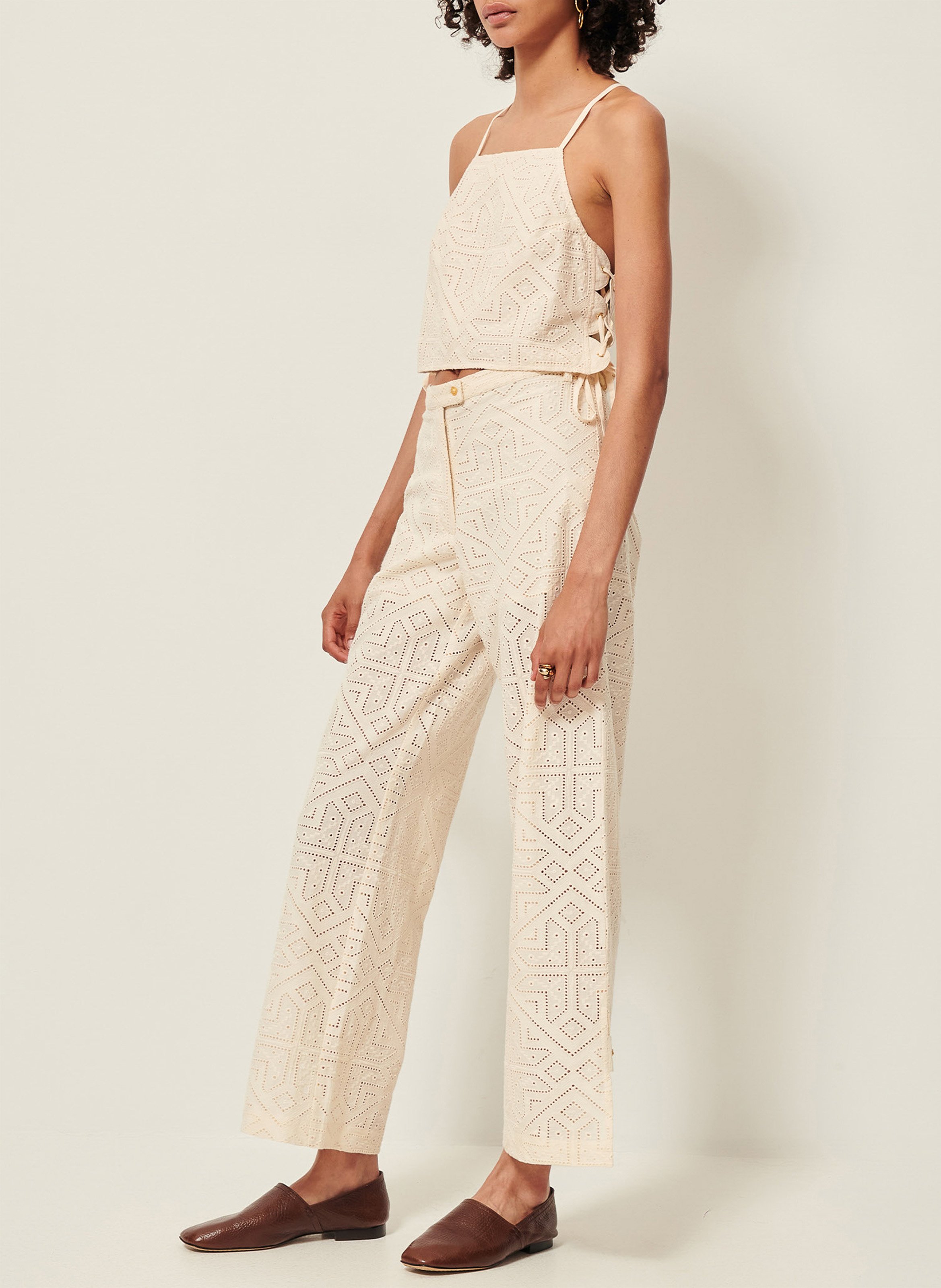 Pantalon droit en coton brodé SESSUN Beige