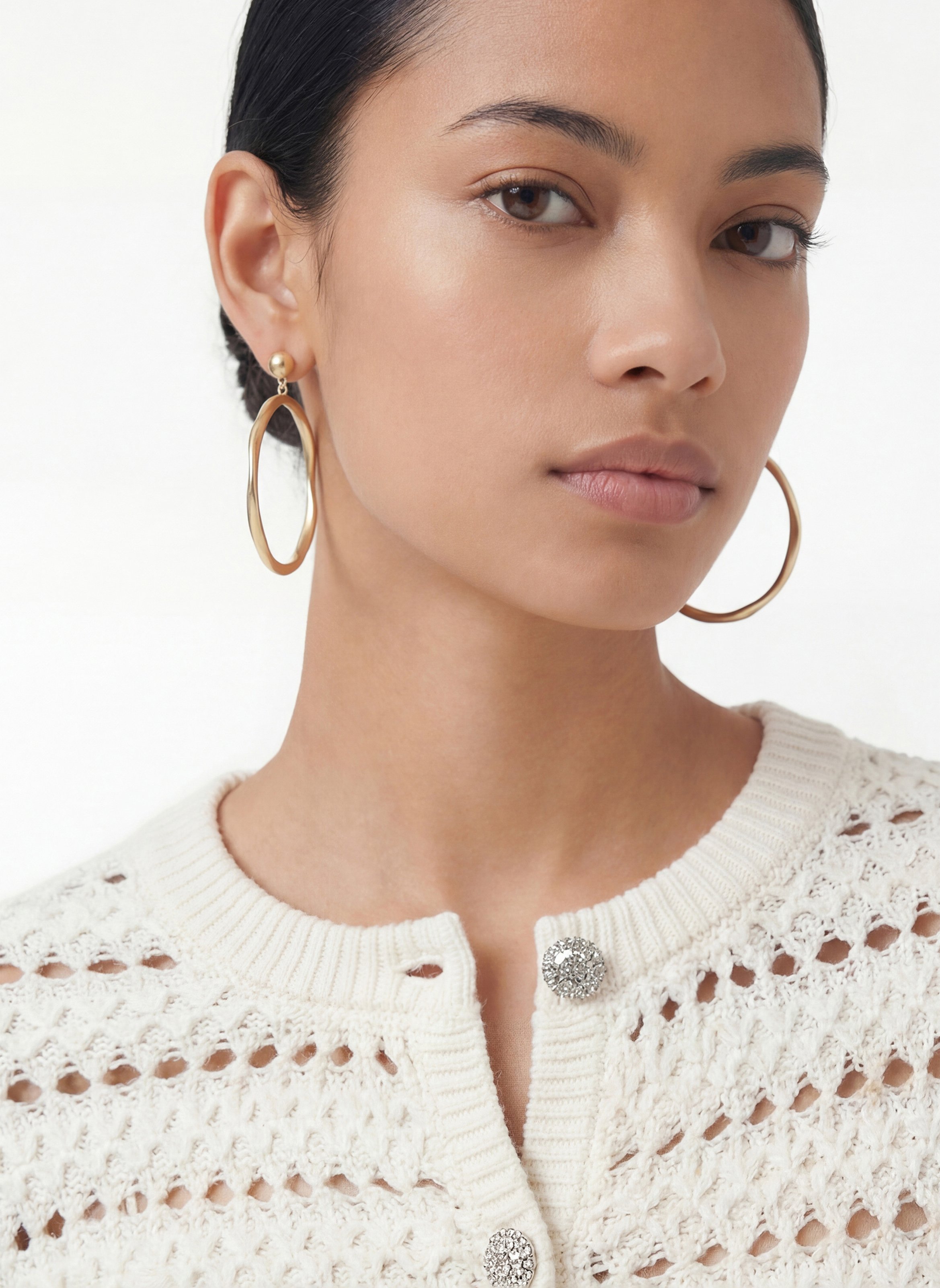 Round-neck fancy knit cardigan KOOKAI White