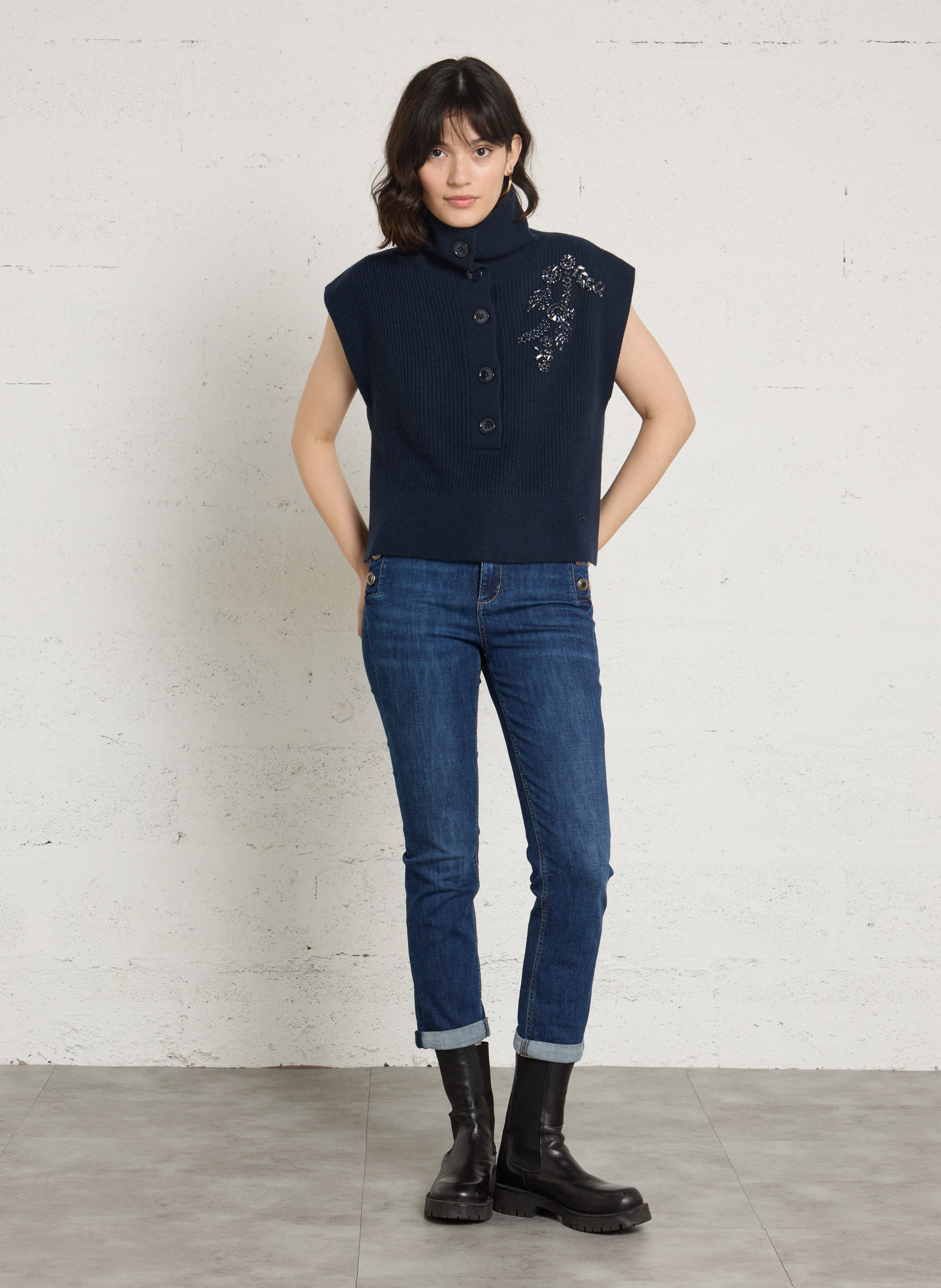 Gilet sans manches col montant en laine LIU JO Bleu
