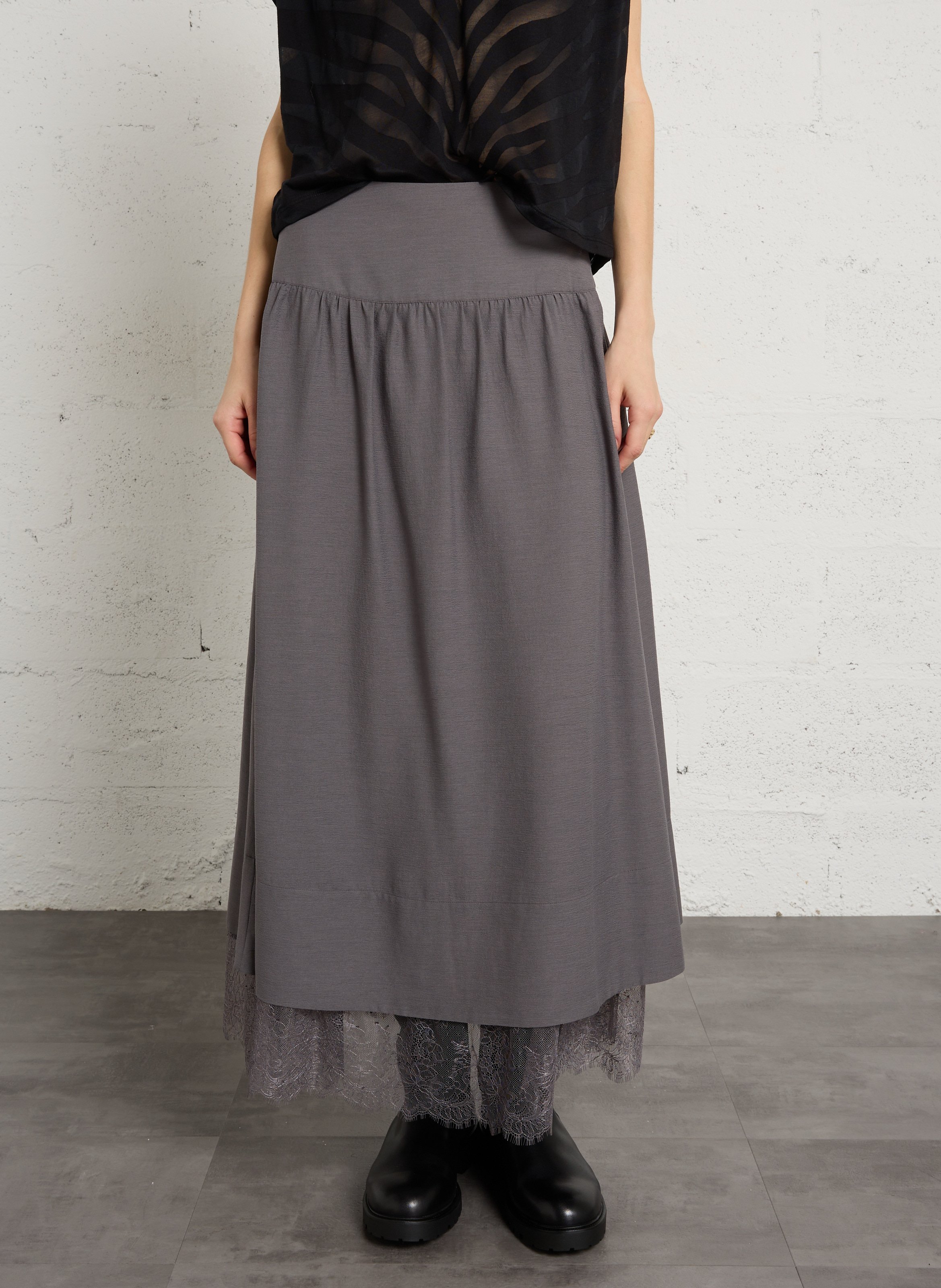 Long flared skirt with lace hem IKKS Grey