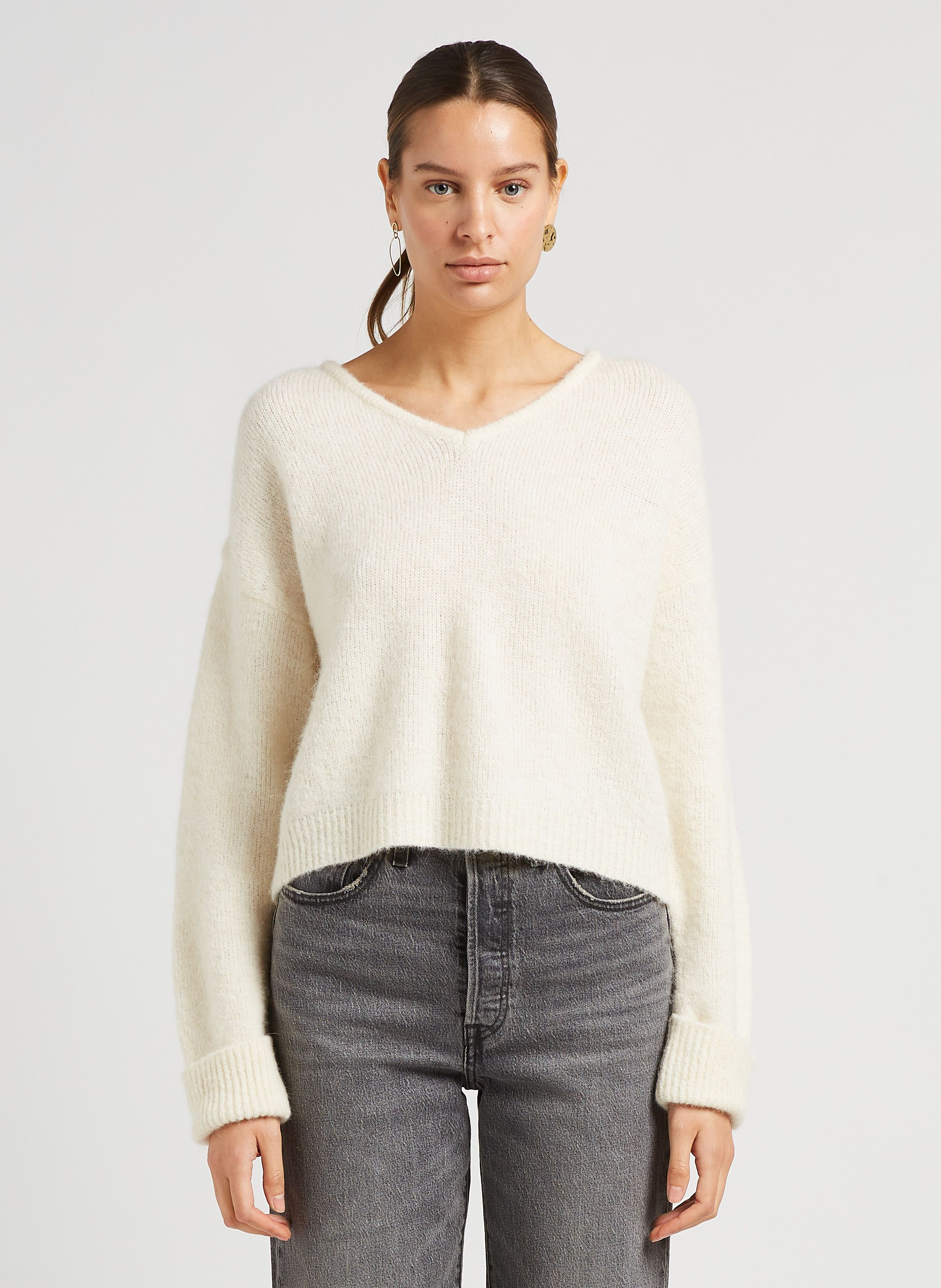 Beige V neck alpaca blend jumper