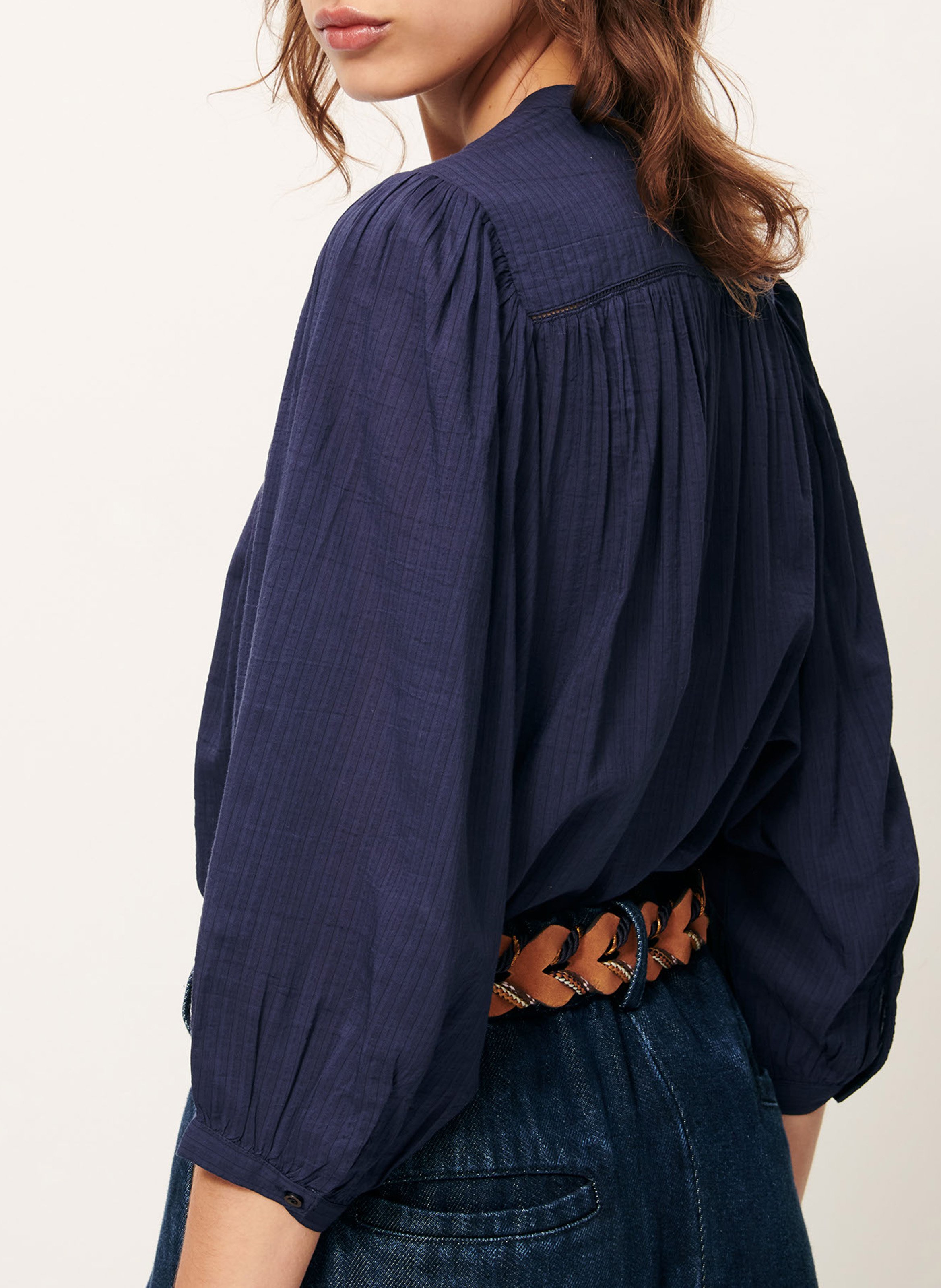Loose-fit cotton-blend shirt with mandarin collar SESSUN Blue