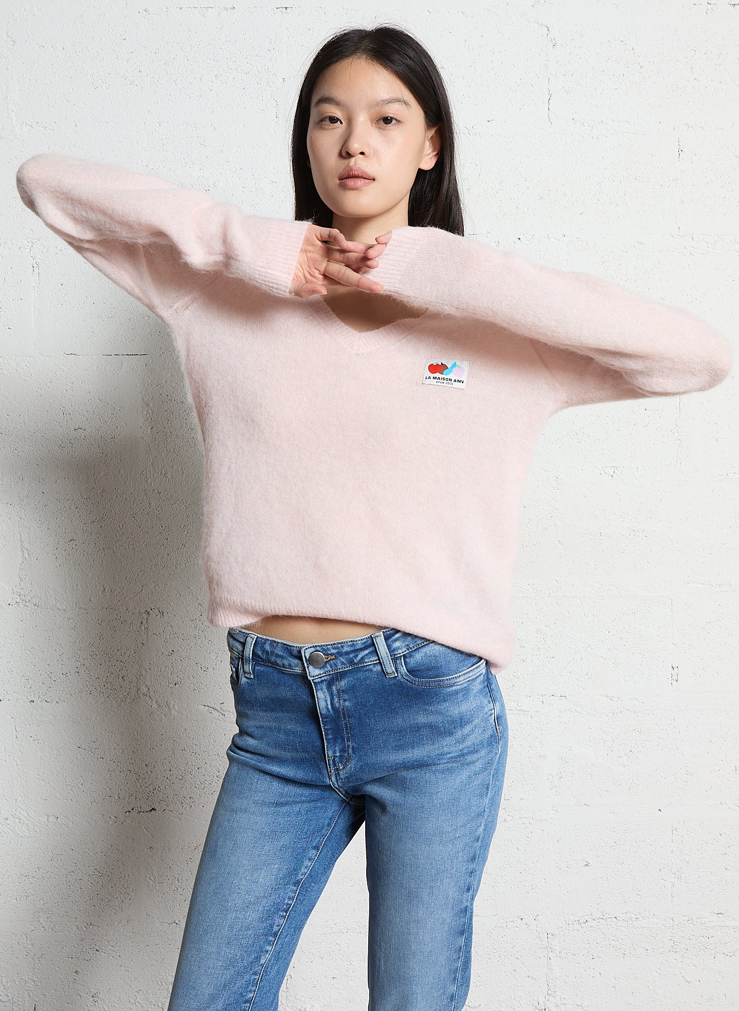 Pull col V ajusté uni en laine mélangée AMERICAN VINTAGE