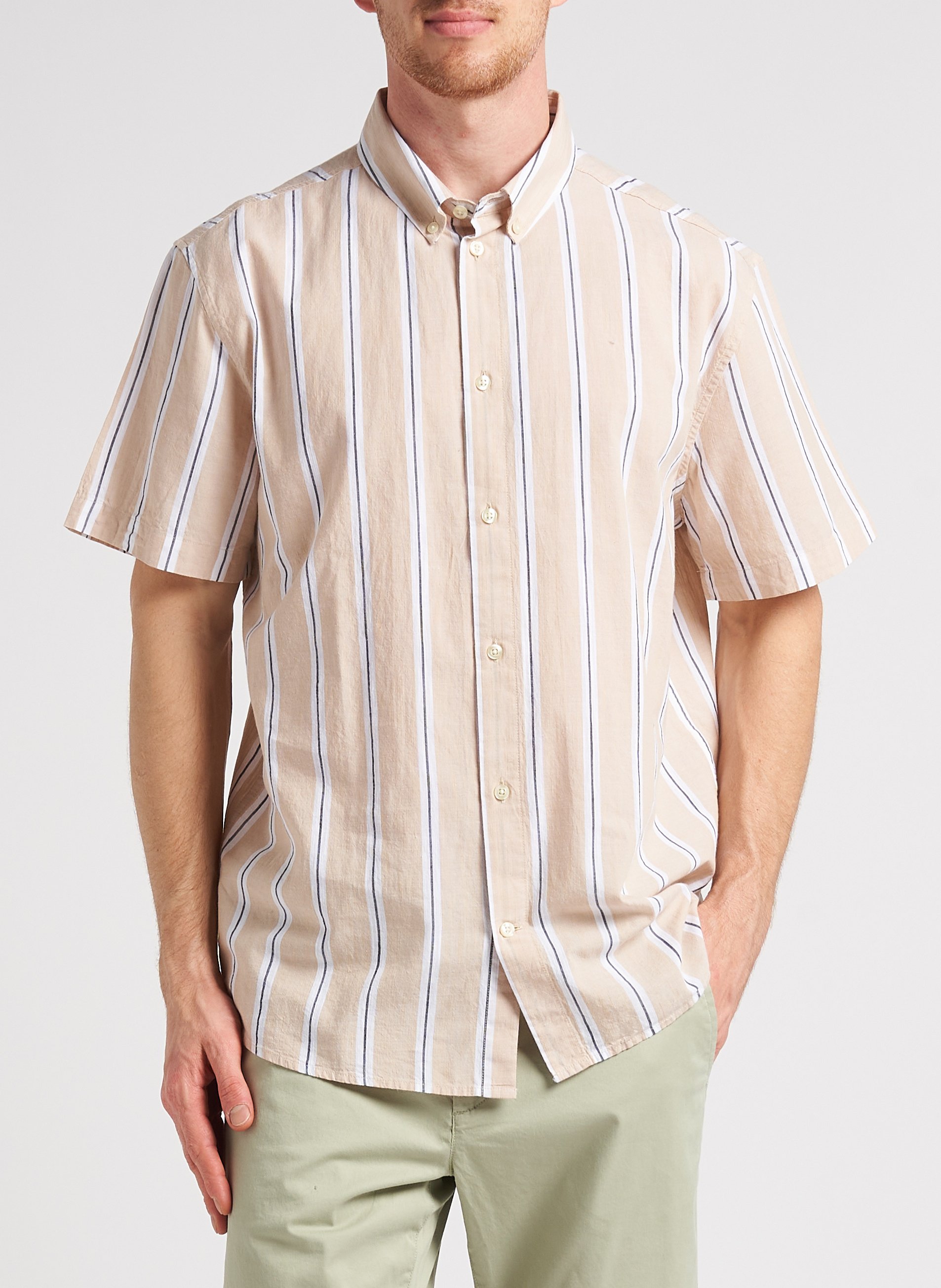 Regular-fit striped cotton shirt with button-down collar bio KNOWLEDGE COTTON APPAREL Beige