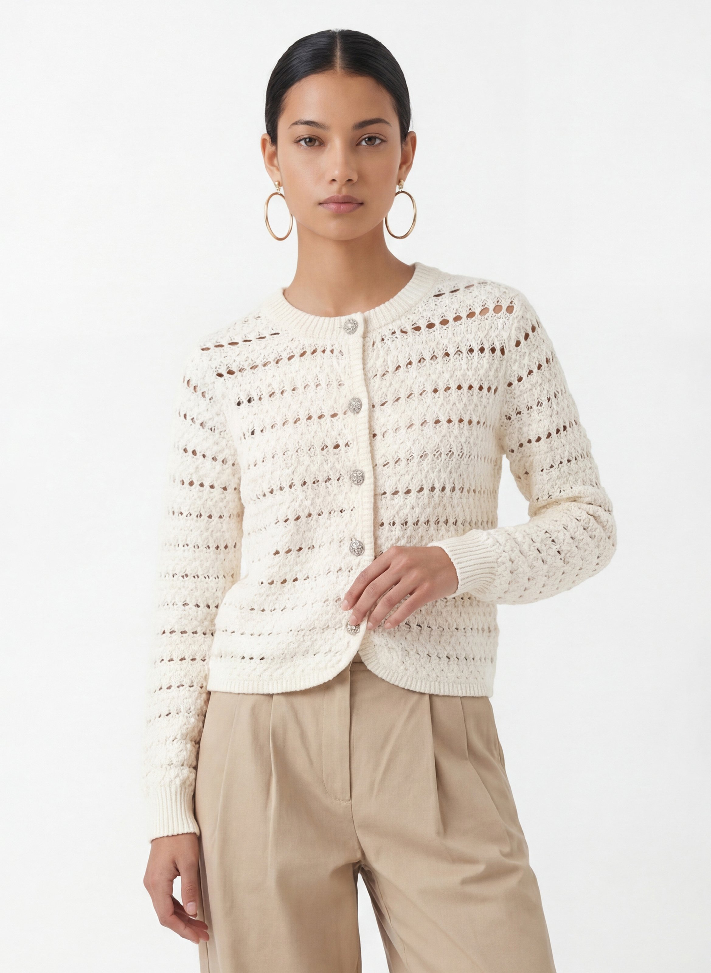 Round-neck fancy knit cardigan KOOKAI White