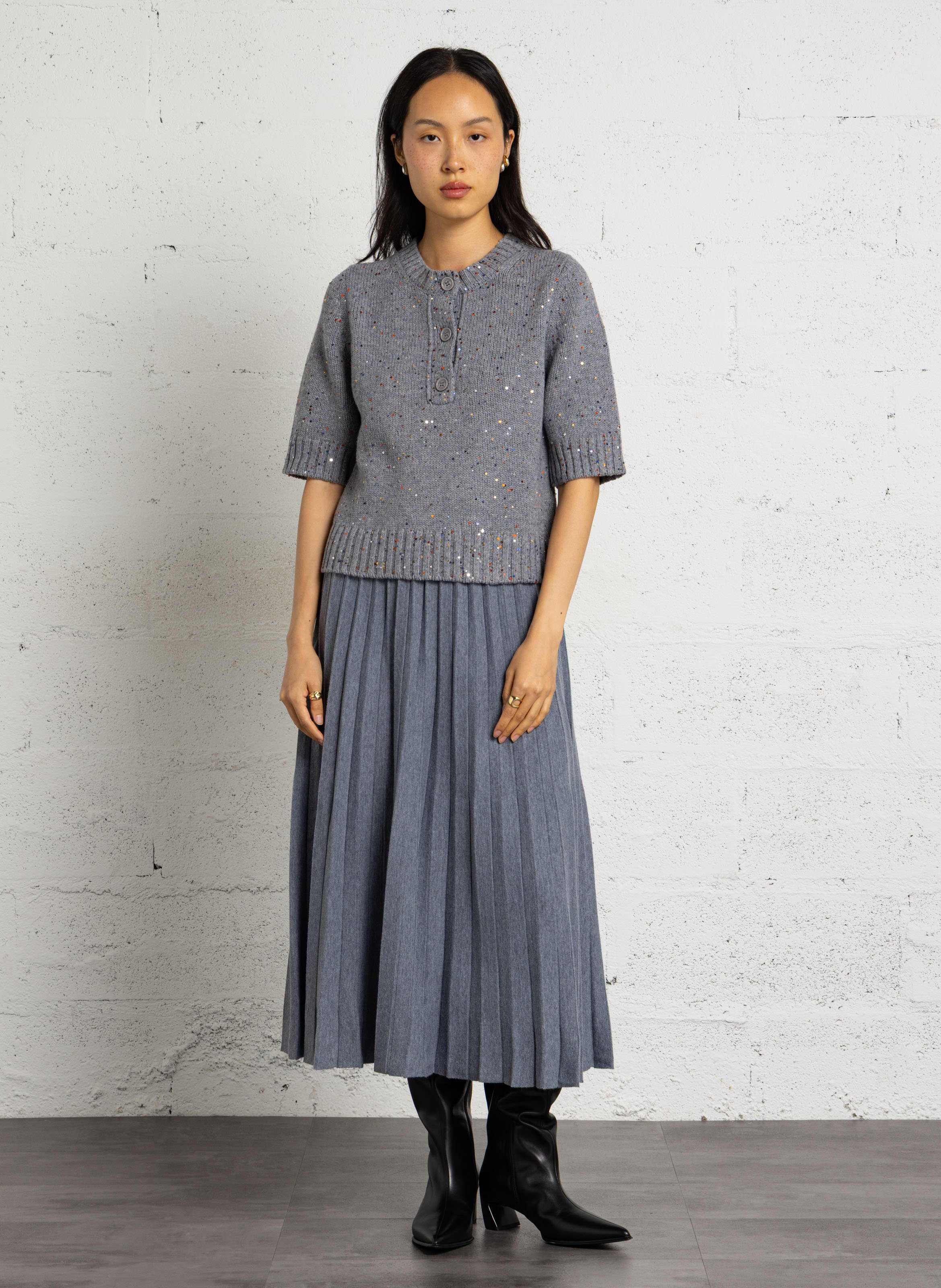 Pull manches courtes à sequins en laine BERENICE Gris