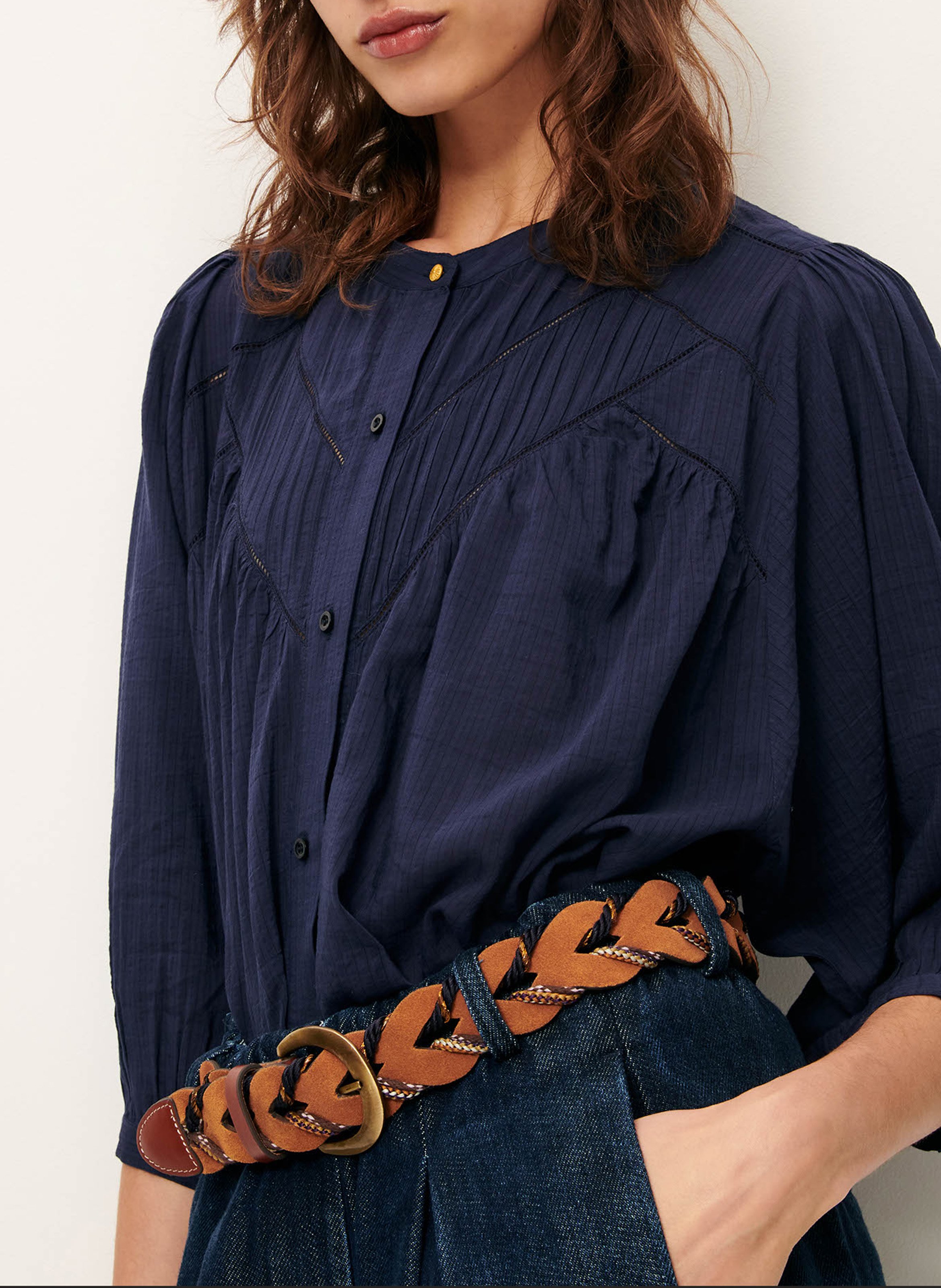 Loose-fit cotton-blend shirt with mandarin collar SESSUN Blue