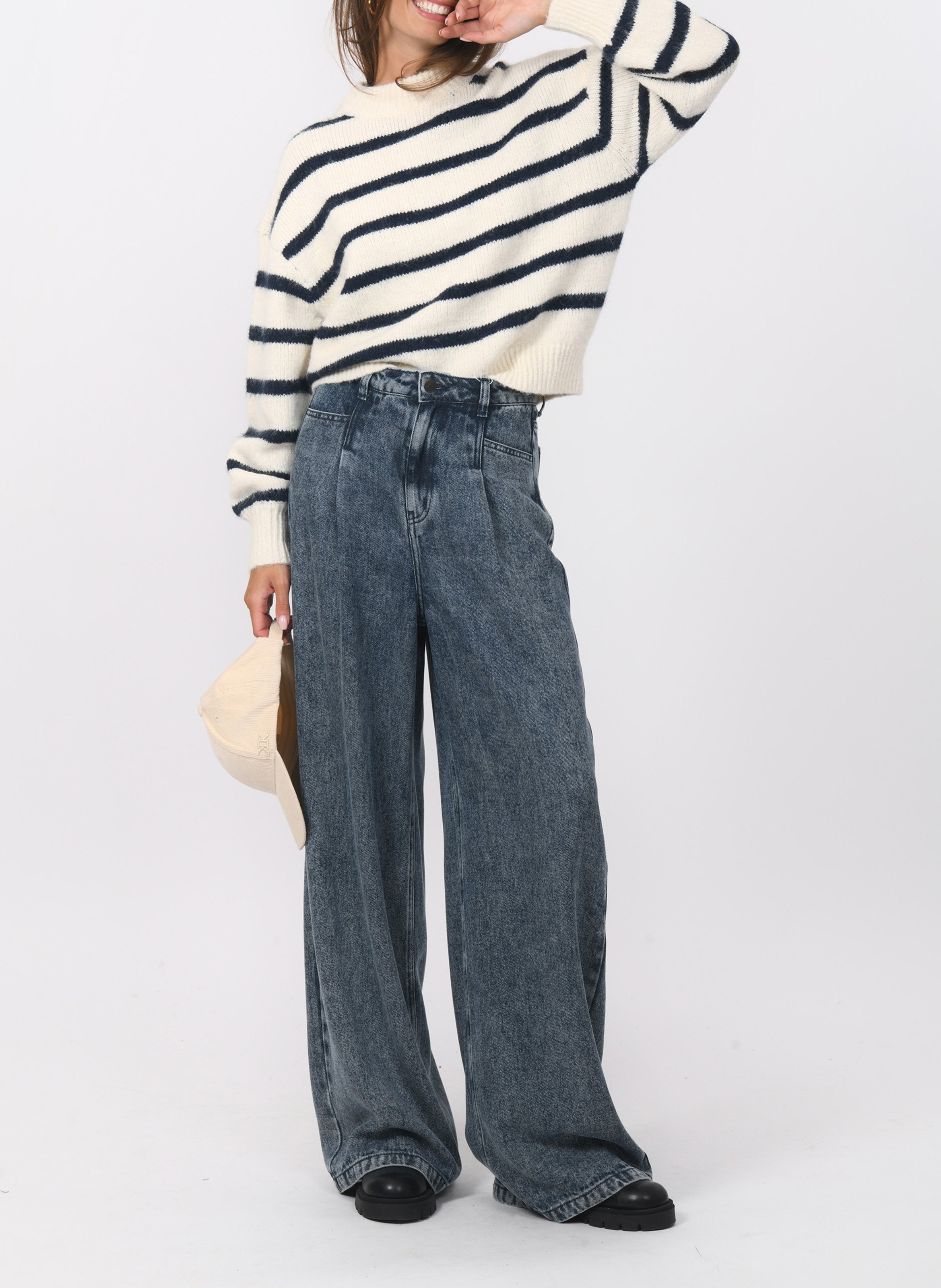 Pull oversize col montant à rayures KOOKAI Blanc