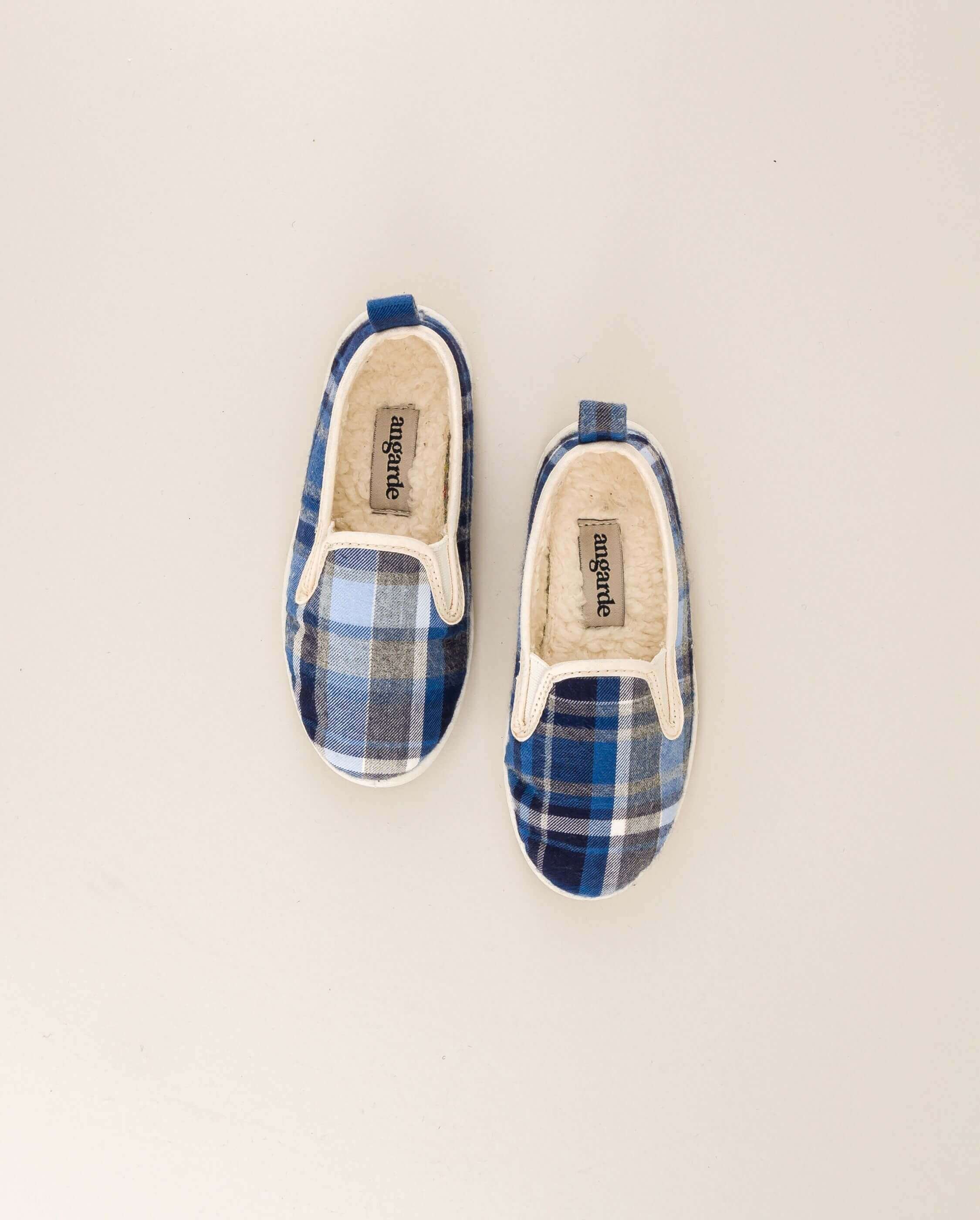 Chausson enfant coton, tartan bleu ANGARDE Bleu