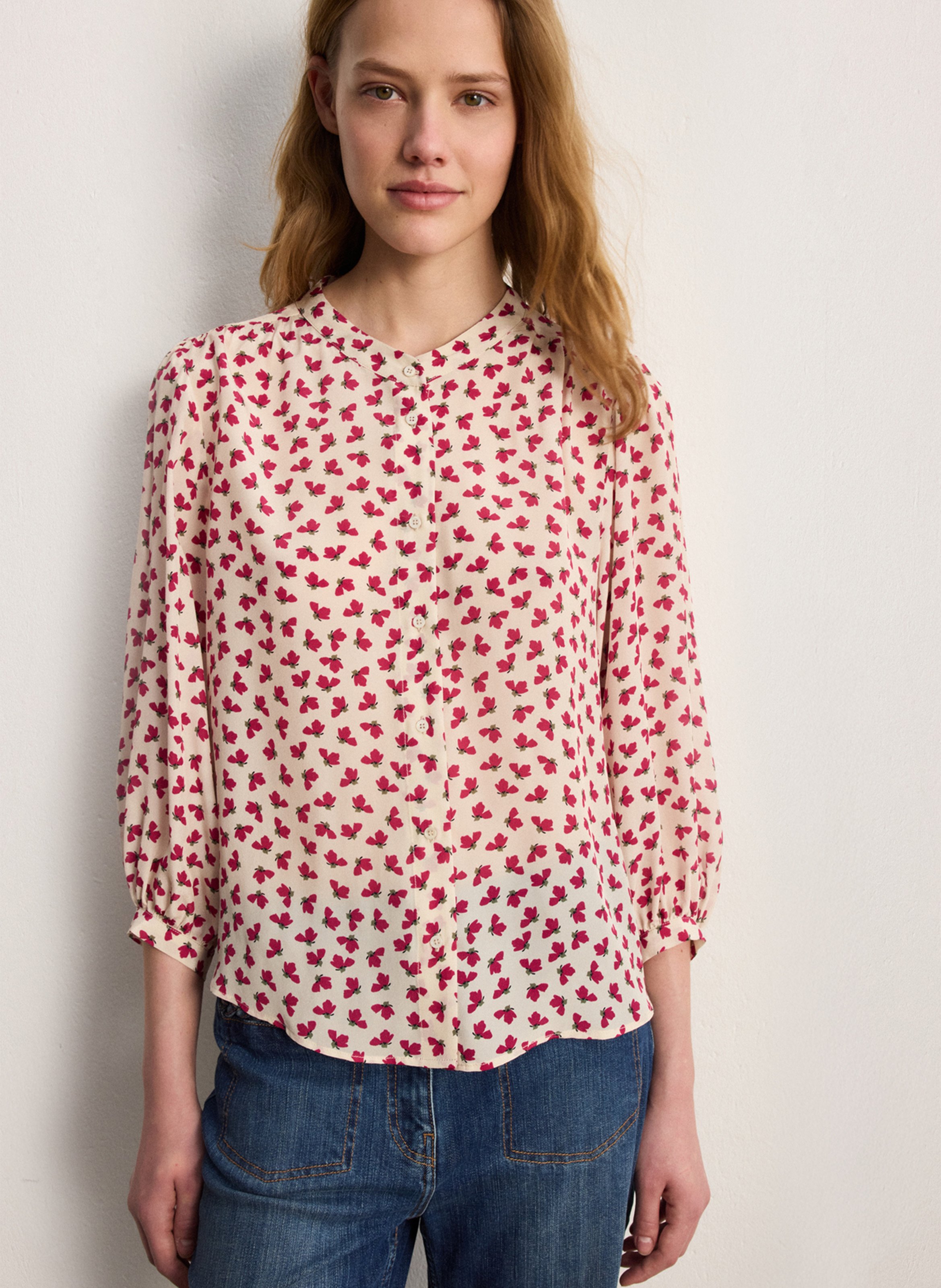 Chemise droite col rond imprimée PABLO Beige