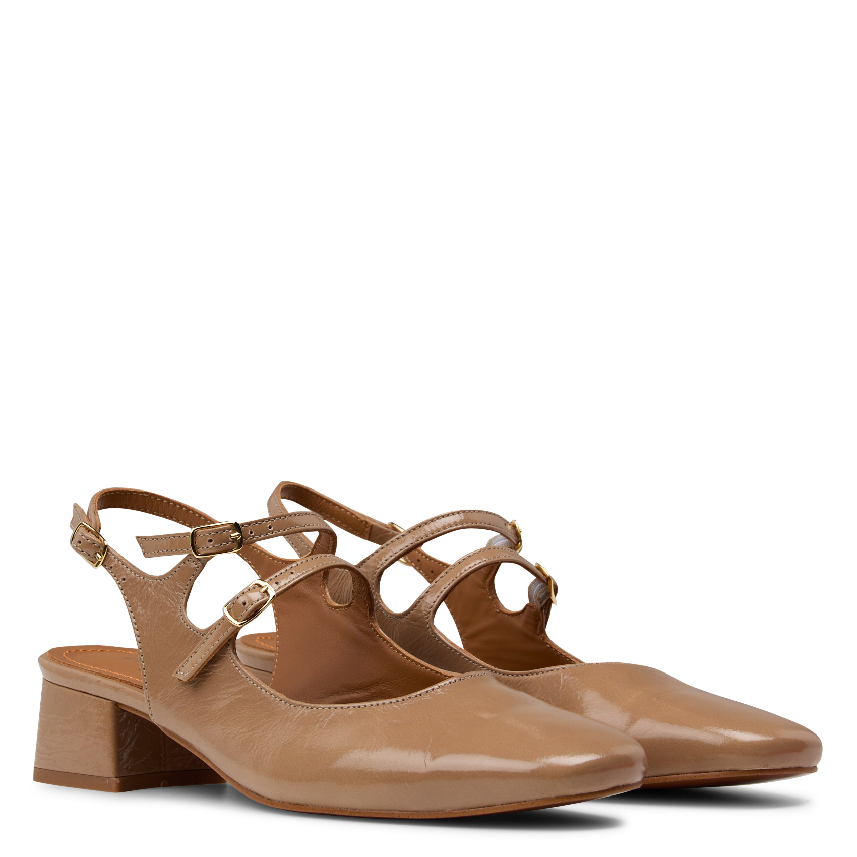 Sandales à petits talons vernies en cuir Beige